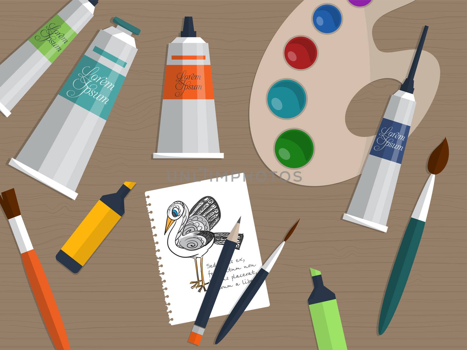 Set of drawing and painting tools on the table. illustration
