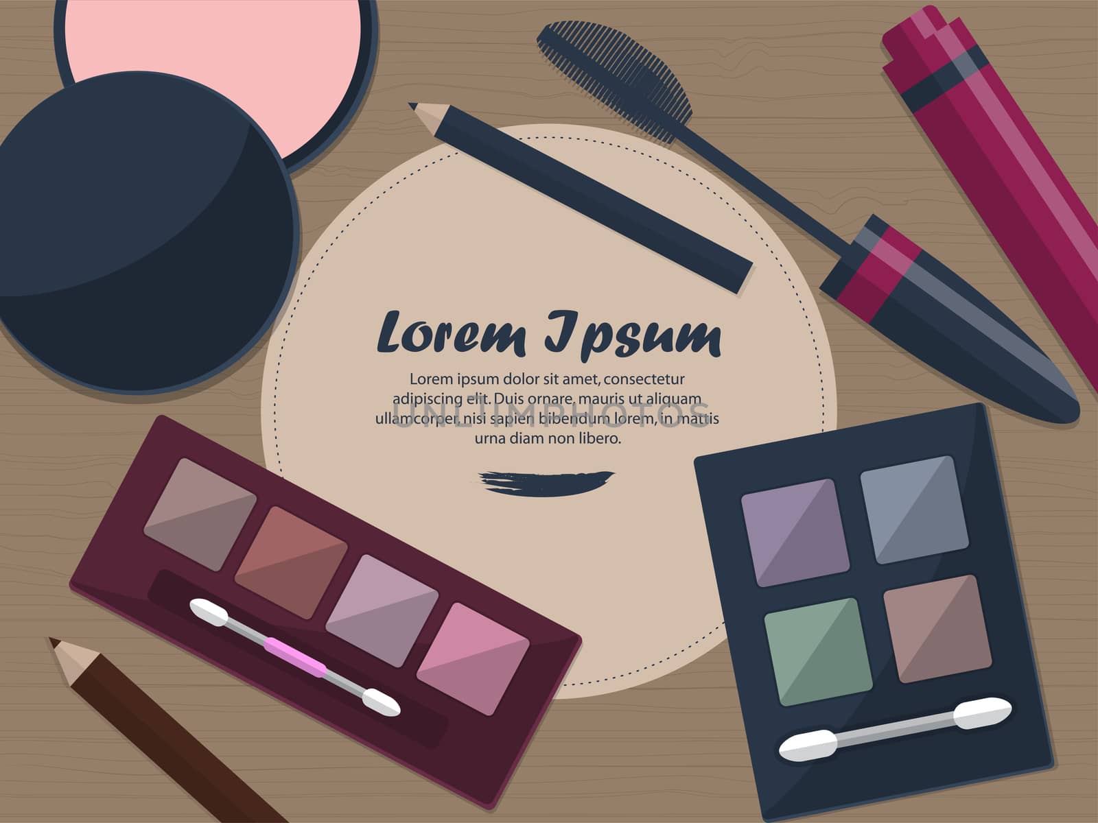 Set of female cosmetics on a table with place for your text. illustration