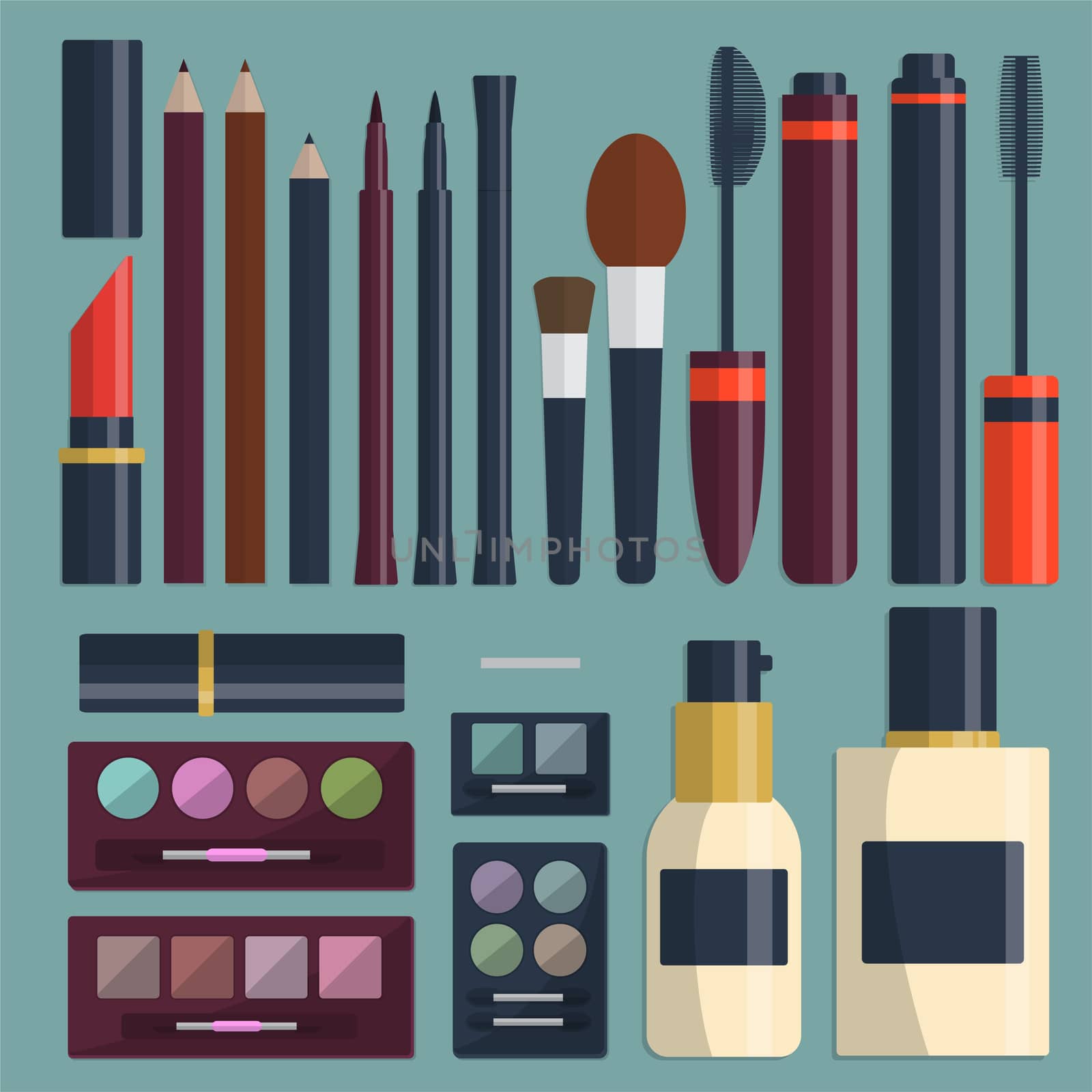 Large collection of womens cosmetics on the table with place for your text. illustration