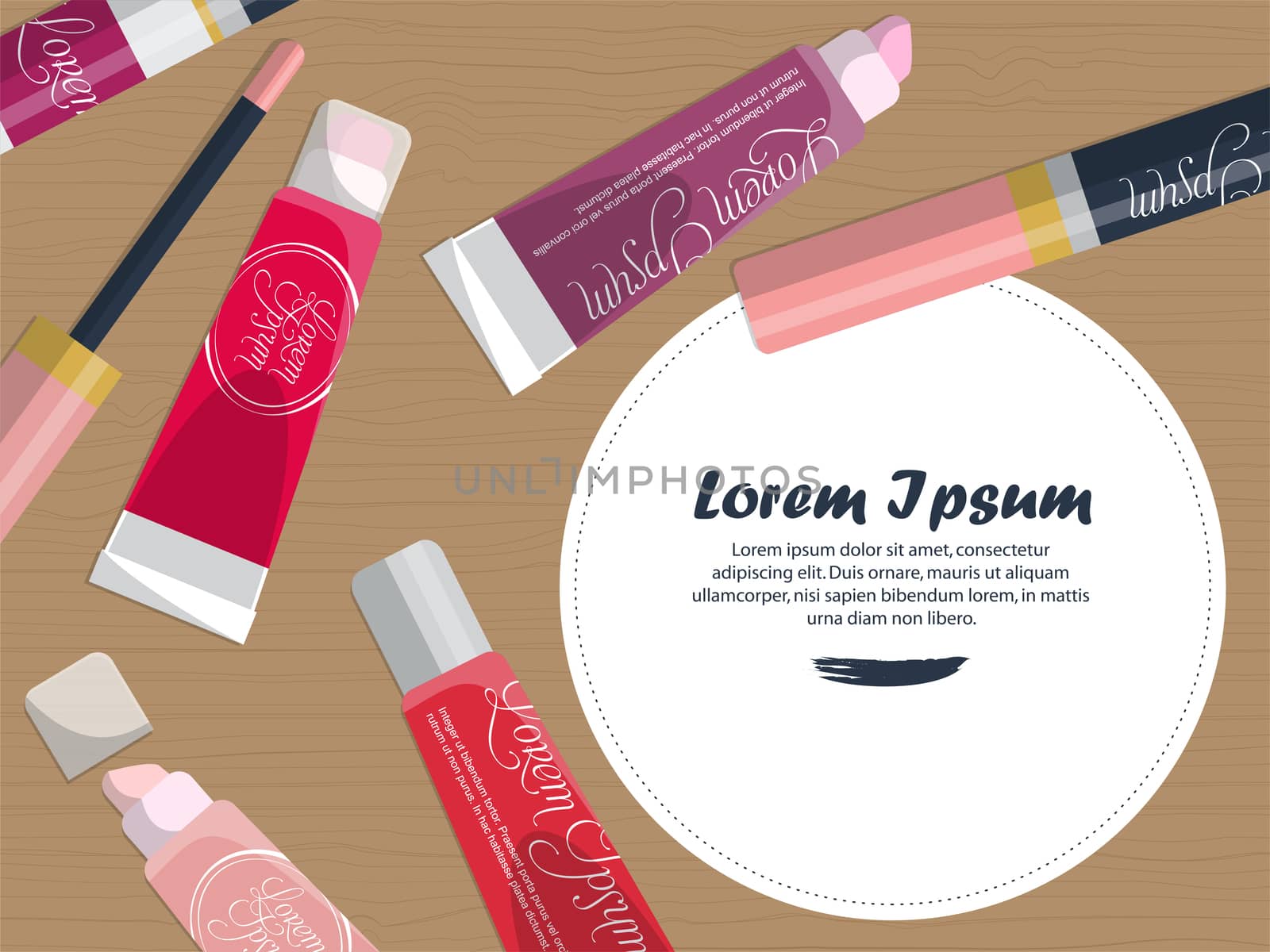 Set of lip glosses on the table with place for your text. illustration