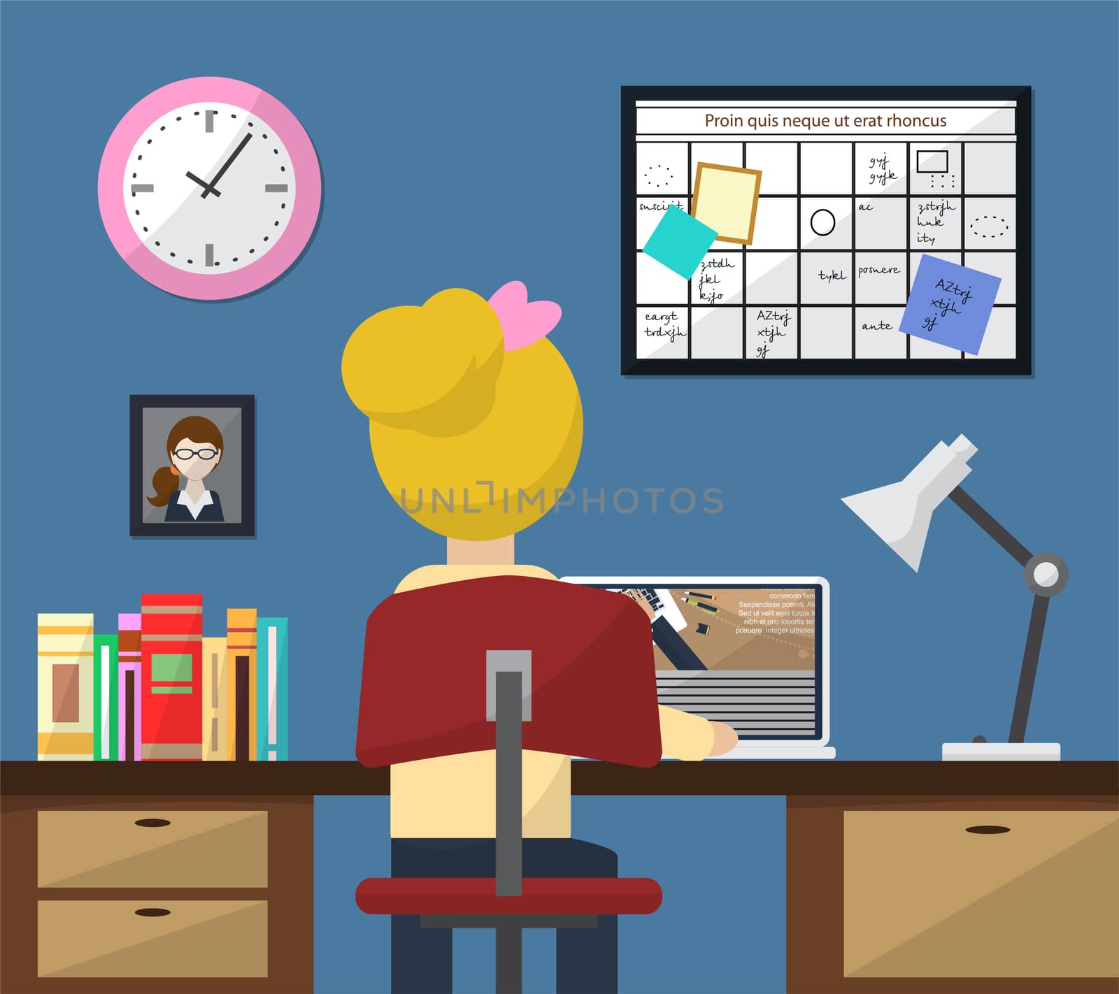 Illustration of workplace in room. Girl at work. Flat style. illustration