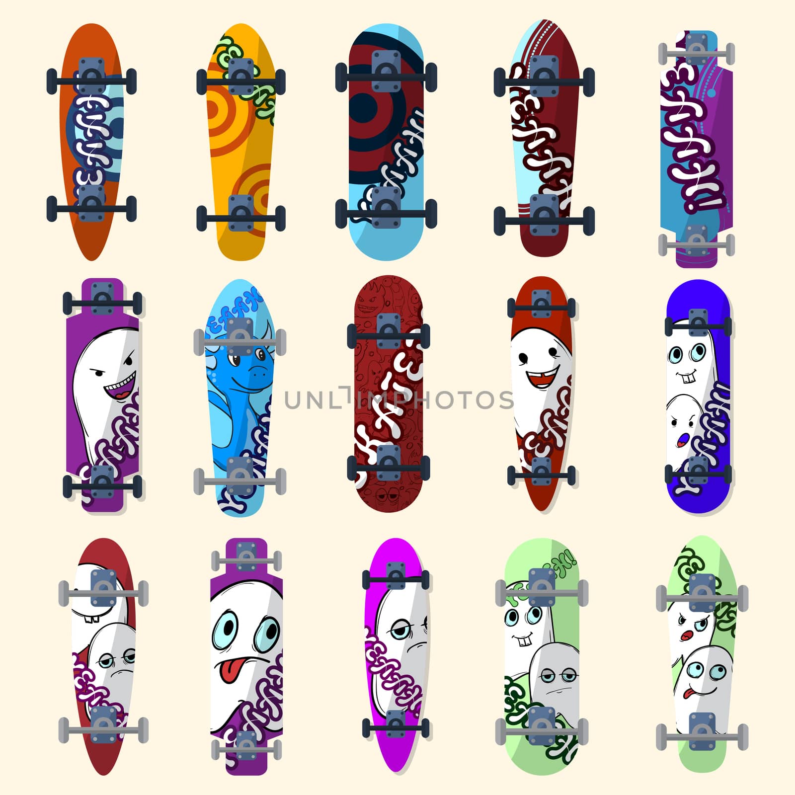 Set of skateboards and skateboarding and elements of street style. Painted in bright figures in a cartoon style. illustration