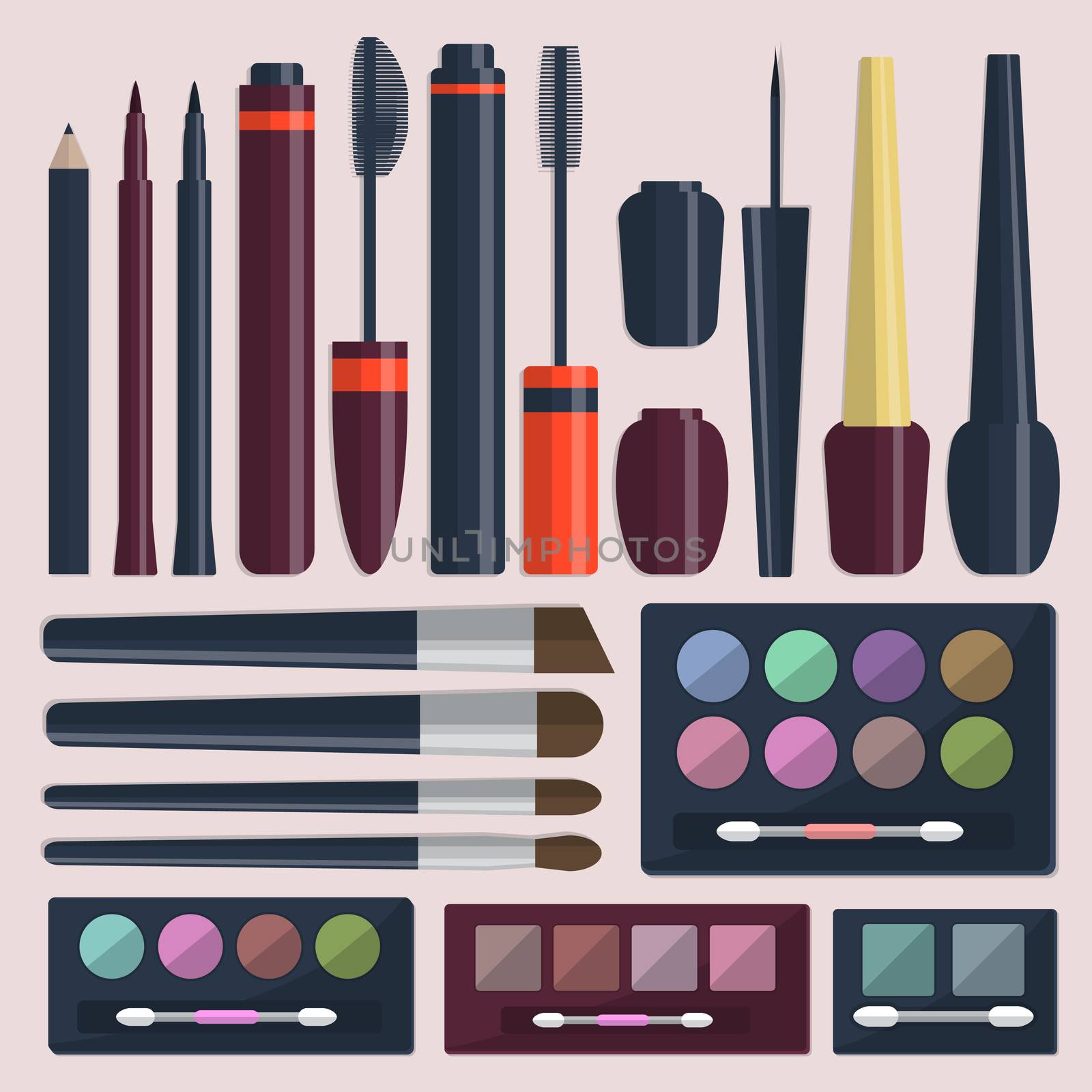 Large collection of womens cosmetics for the eyes on a pink background. illustration
