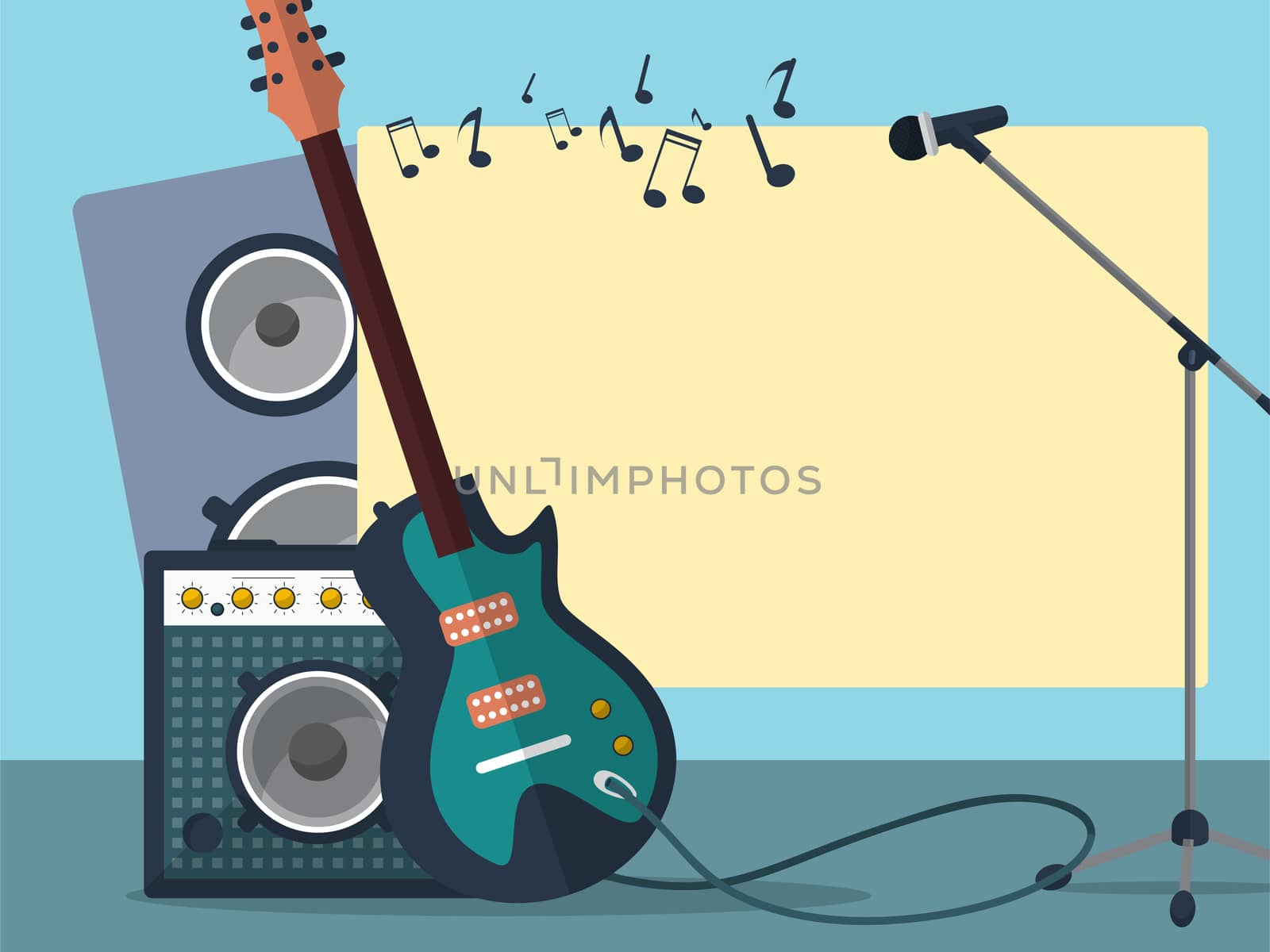 Frame with a guitar, combo amp, microphone, speaker and notes on a blue background. illustration