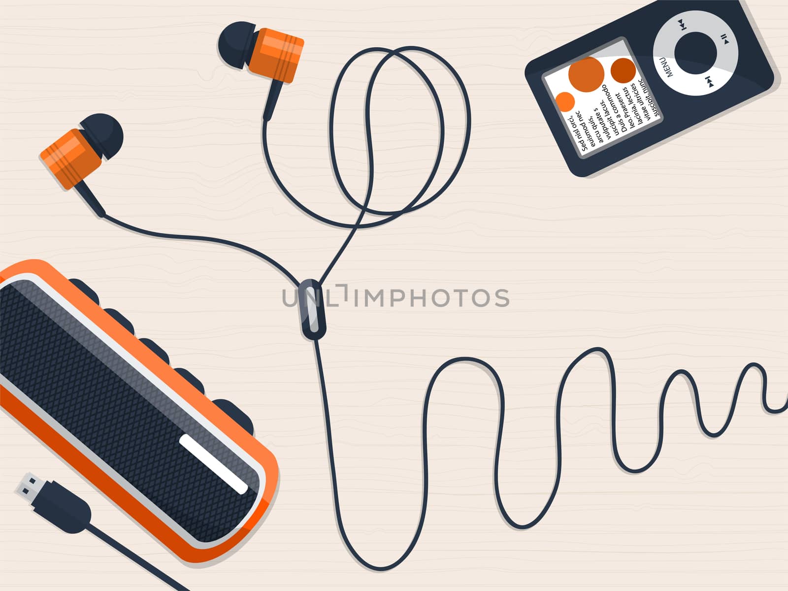 Headphones, music player and mini speaker on the table with place for your text. illustration