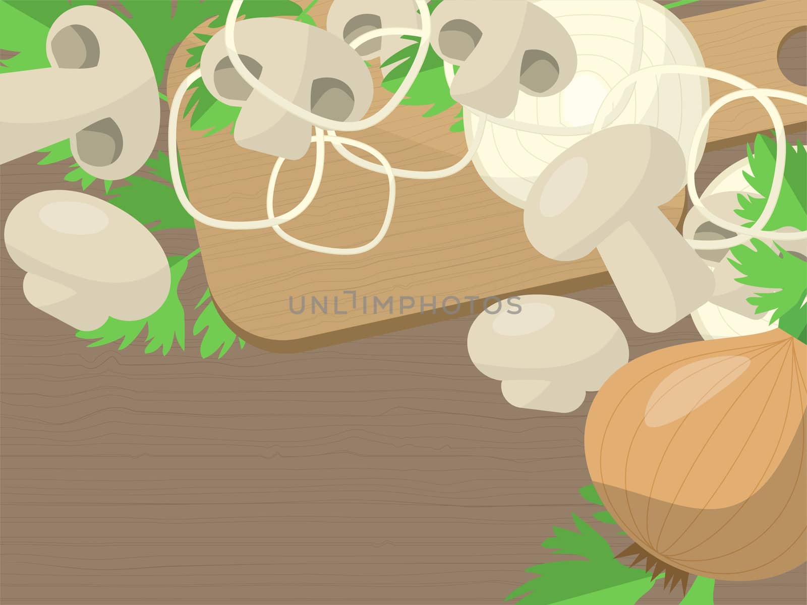 Set of sliced mushrooms, onion and parsley on the table with place for your text. illustration