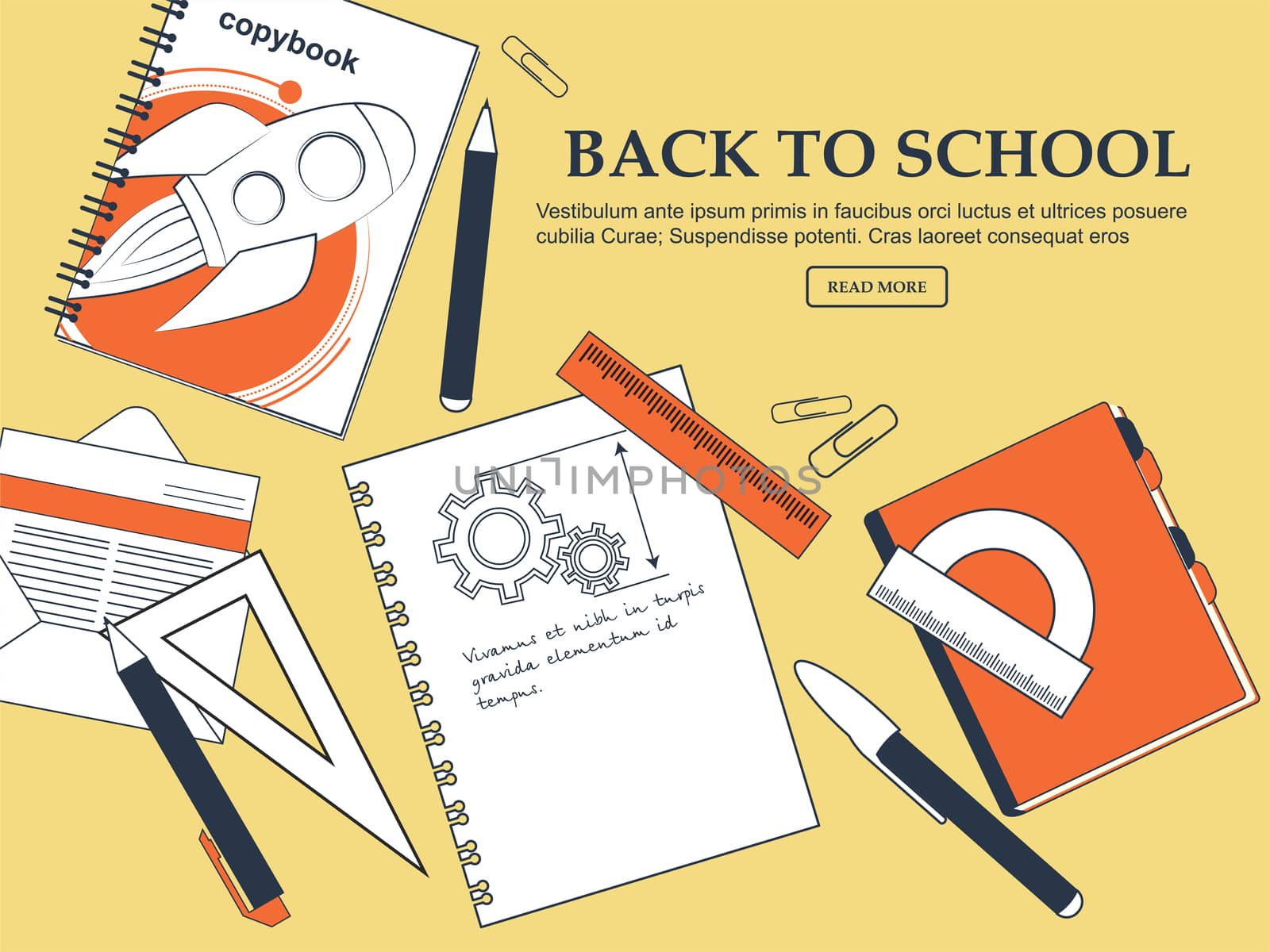 Set of items back to school on a yellow background with a place for your advertising. illustration