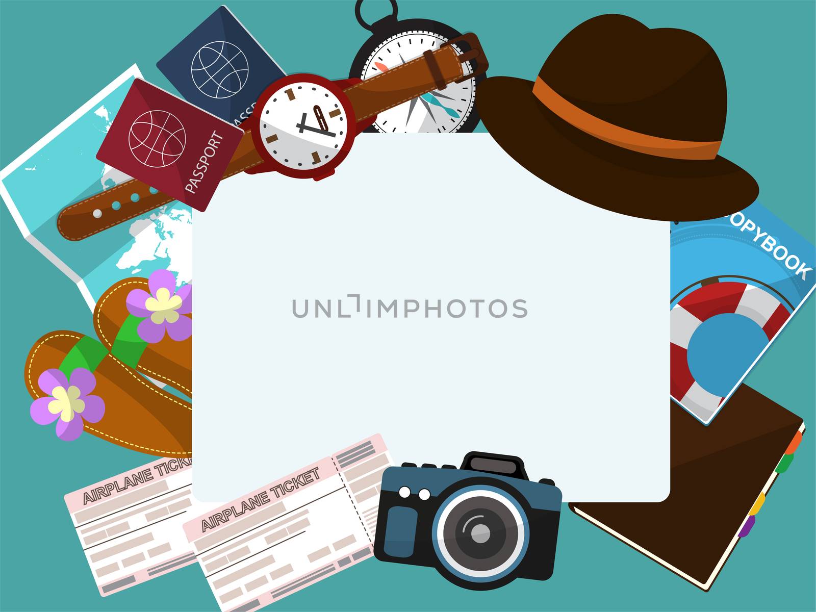Frame with a hat, tickets, passports and other items for the tourist on a green background. illustration