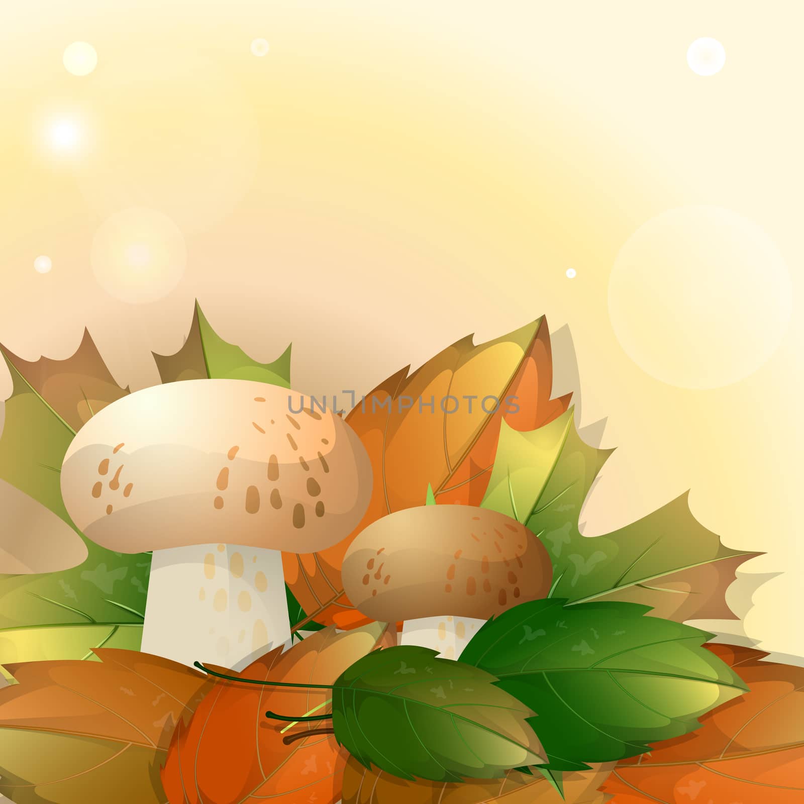 Mushrooms and autumn leaves on a light background with place for your text. illustration