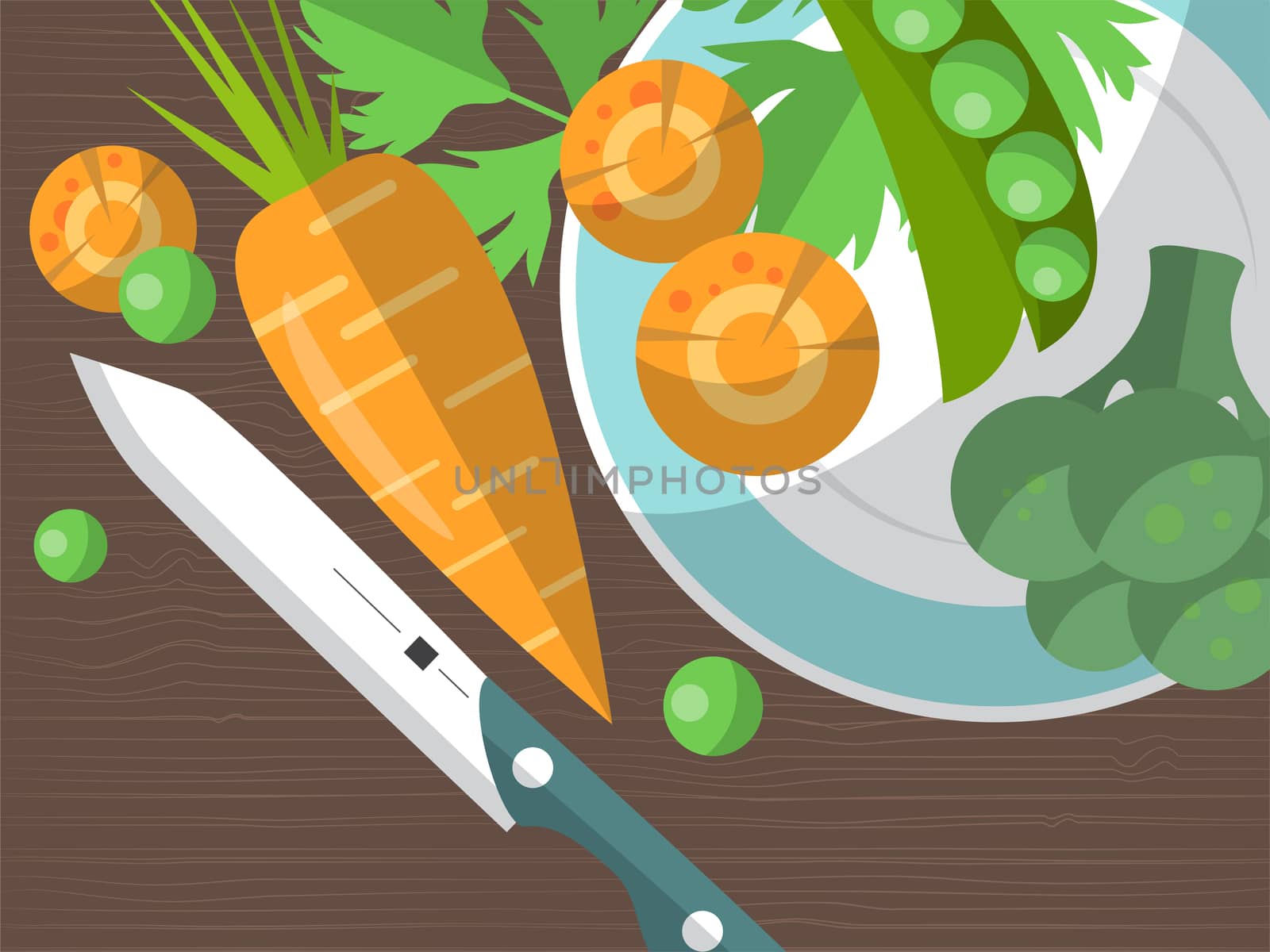 Set of carrots, peas, broccoli, plates and knife on the table. illustration