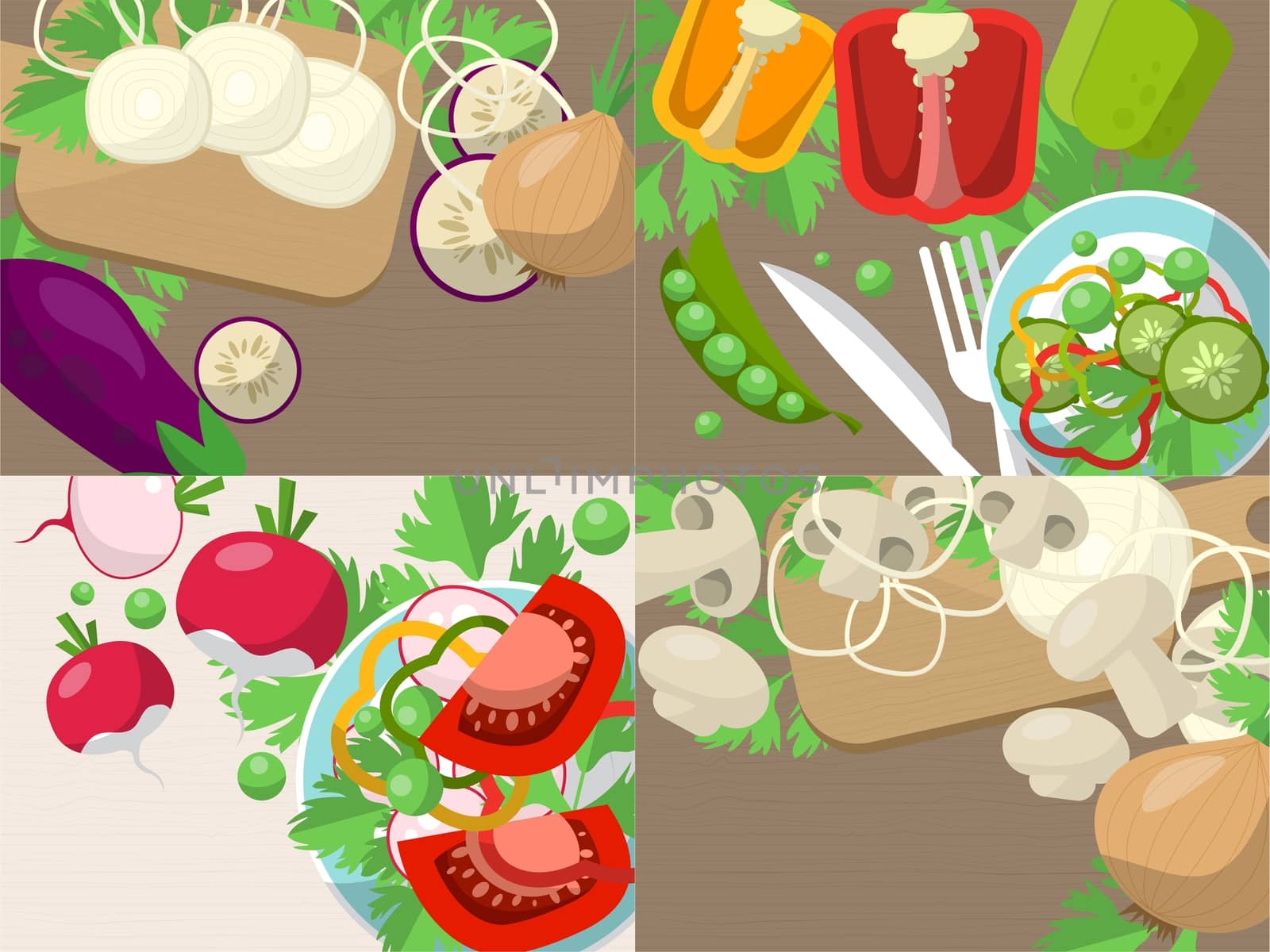 Set of sliced mushrooms, onion and parsley on the table with place for your text. illustration