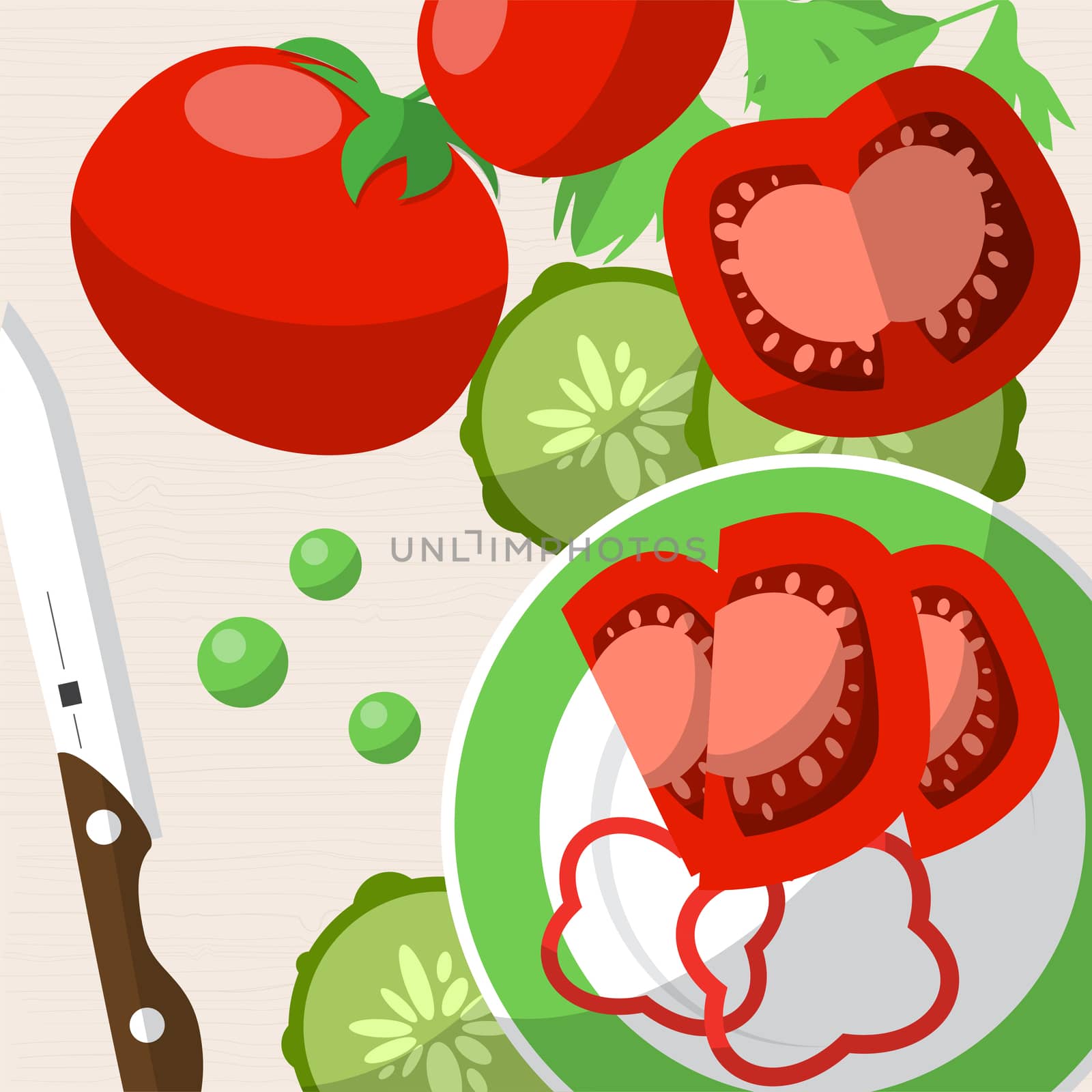 Still life with tomatoes, knife, plate and sliced vegetables on the table. illustration