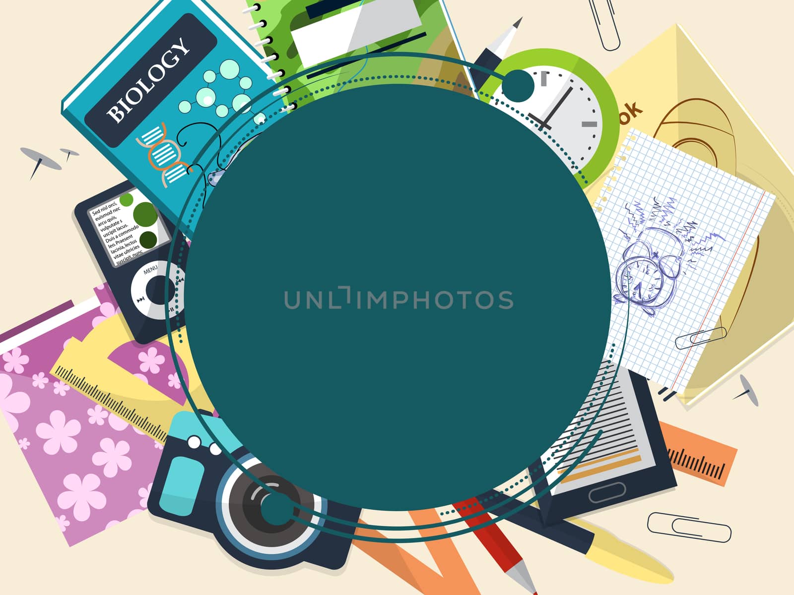 Set of school supplies on a light background with space for your advertising. Frame. illustration