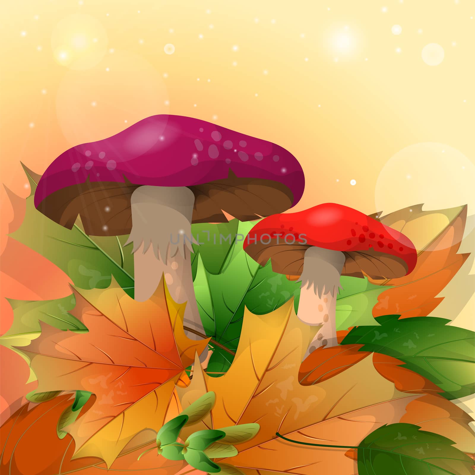 Red mushrooms and autumn leaves on a light background. illustration