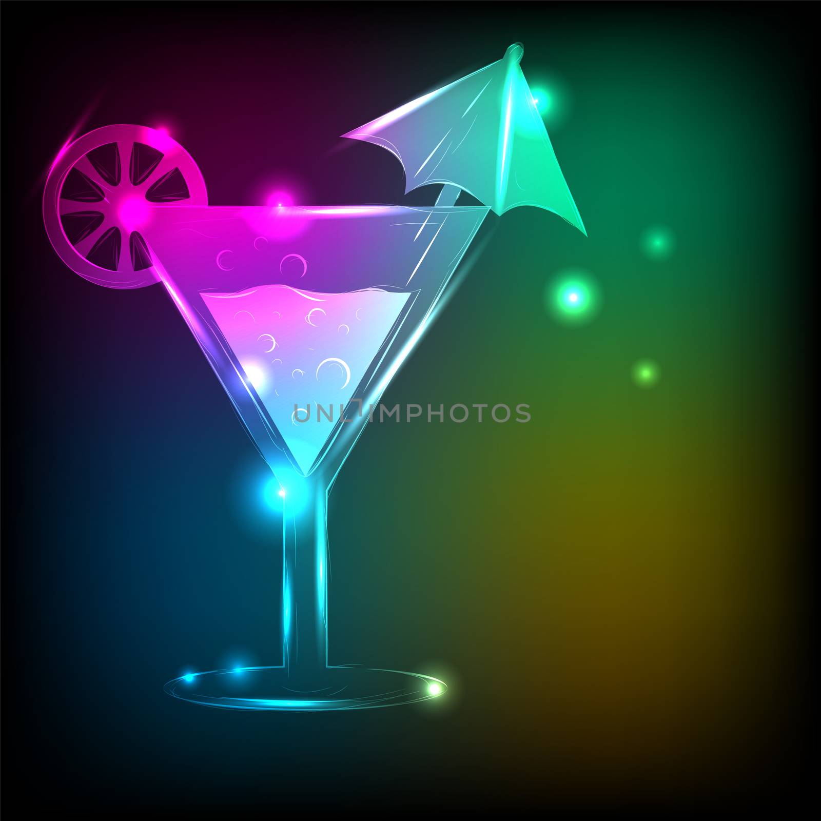 Martini glass with bright background and a neon glow.