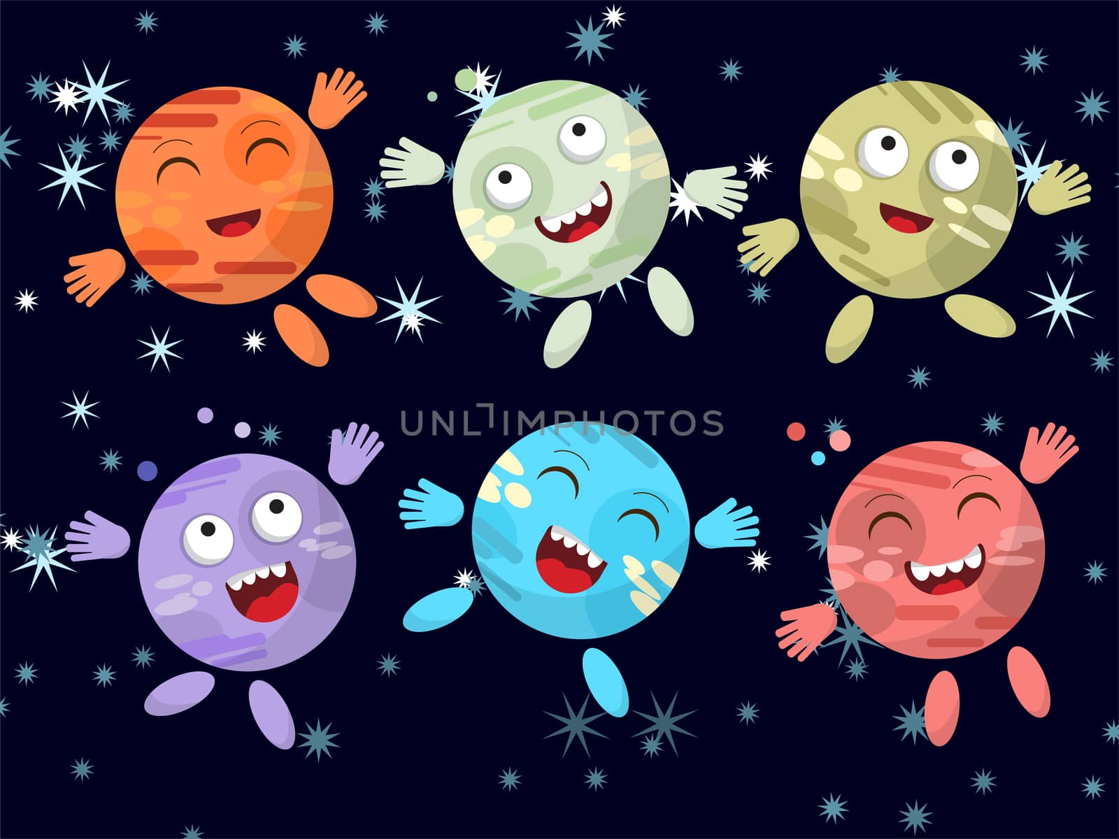 Set of funny cartoon planet on a dark background. illustration