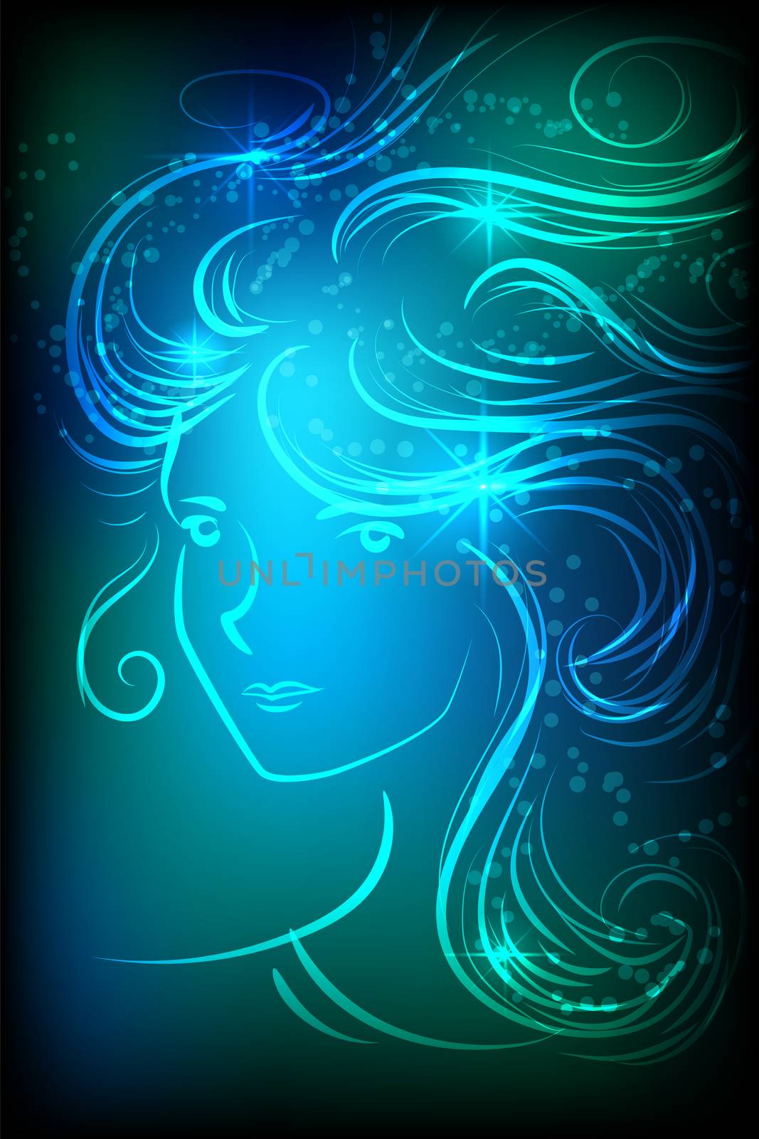A beautiful girl is drawn lines with a glow effect of neon. Beauty saloon. illustration