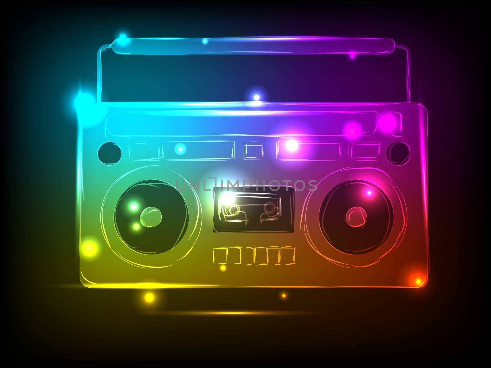 Bright tape recorder with elements of colorful neon for your design. illustration