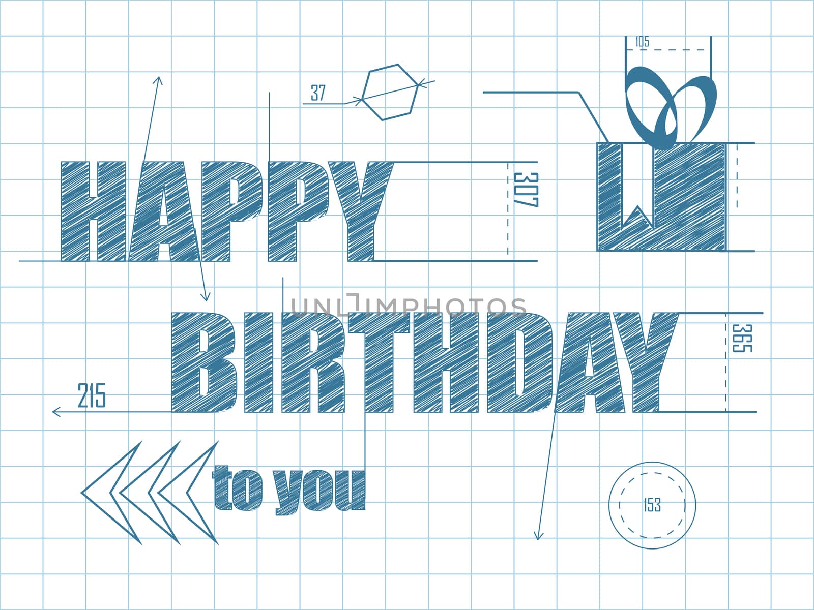 Congratulations on your birthday in geometric shapes on a sheet of paper. illustration