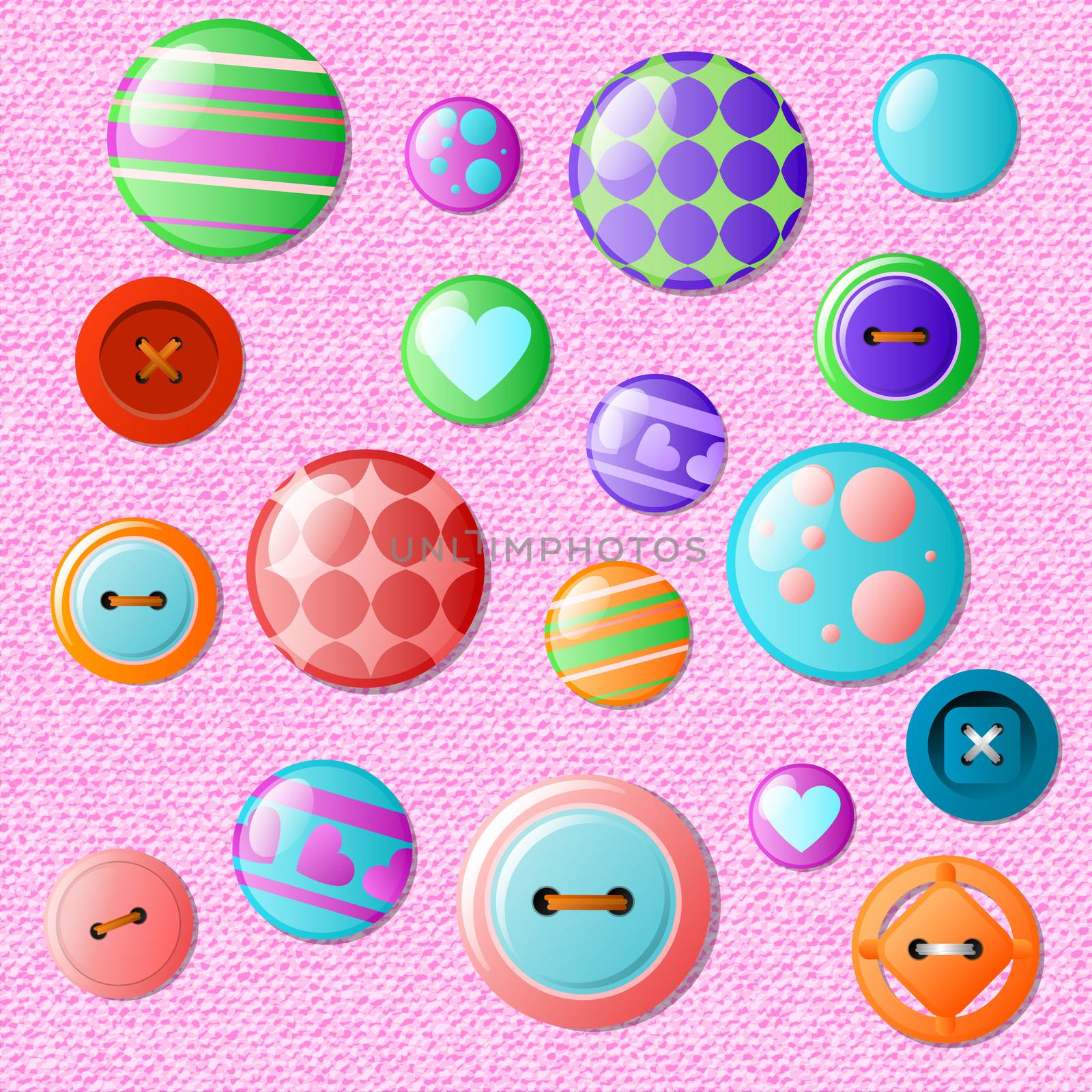 Set of multicolored buttons on a jeans background. illustration