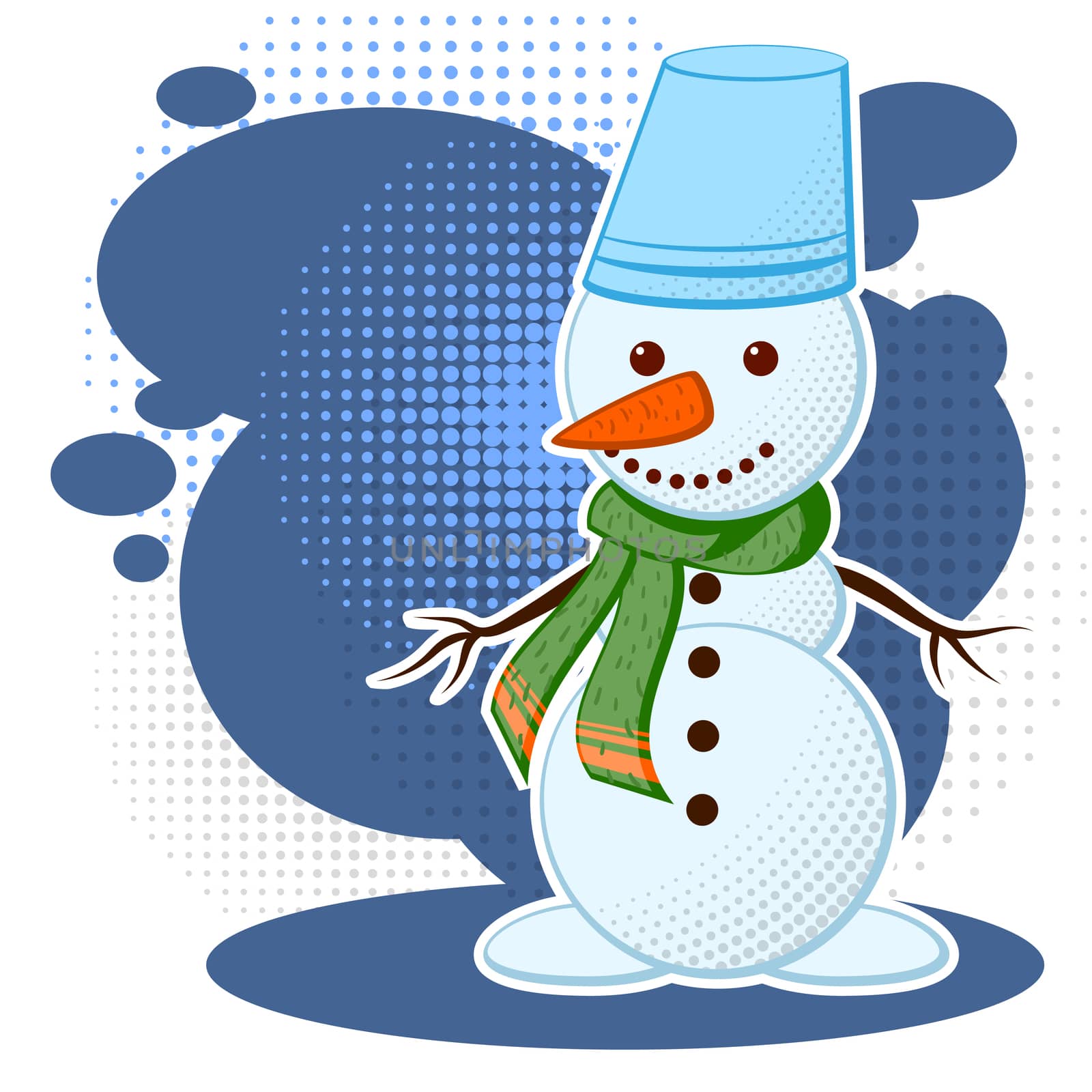 Cute white snowman in a cold winter. Can be used as a postcard. illustration