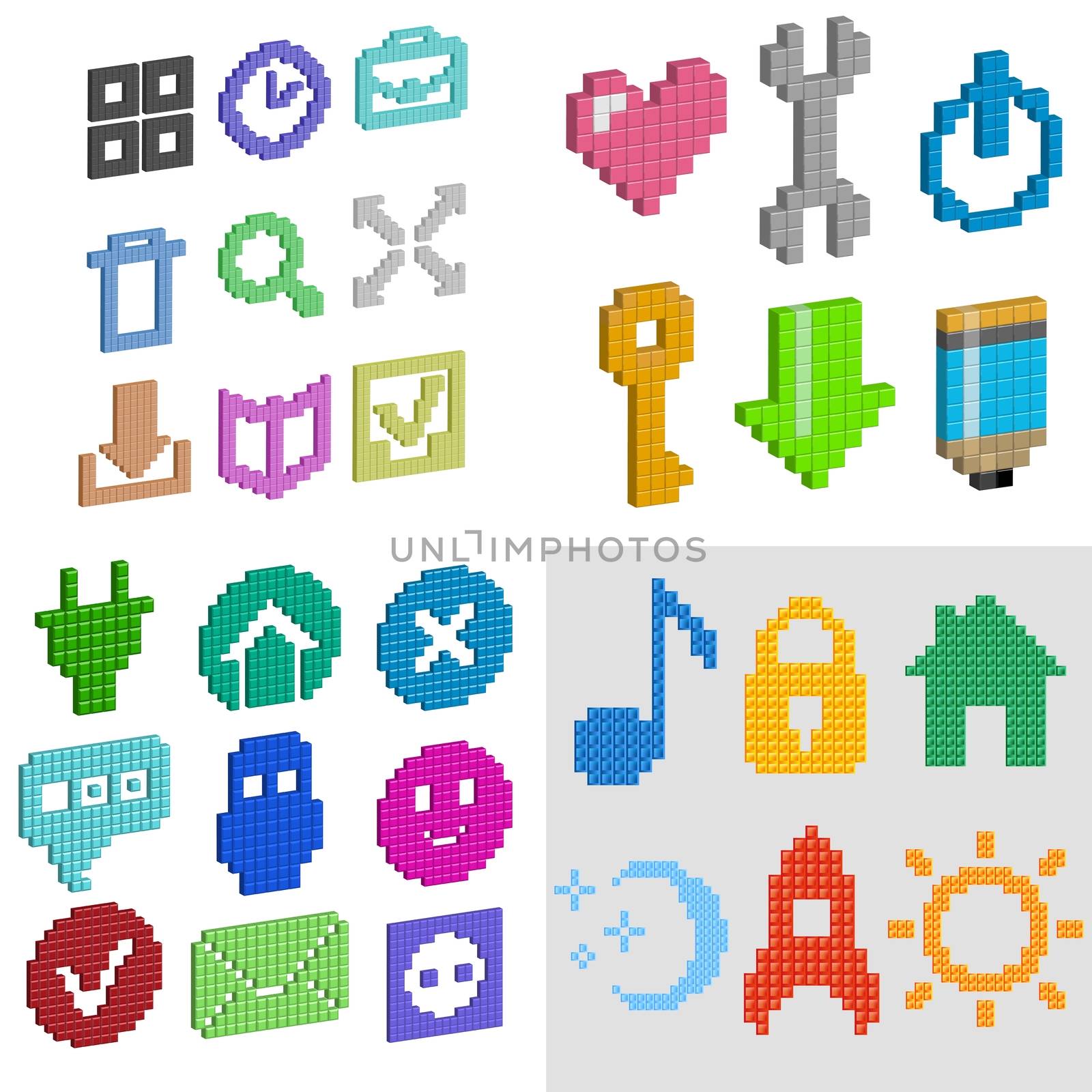 heart, wrench, power button load, pencil in pixel design illustration