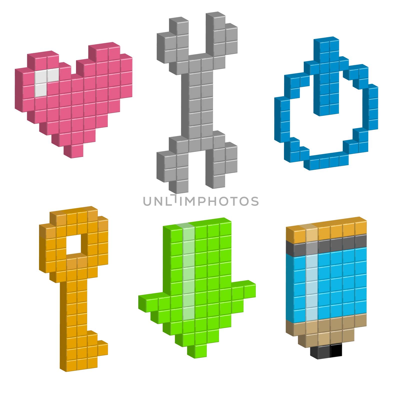 heart, wrench, power button, load, pencil in pixel design. by Adamchuk