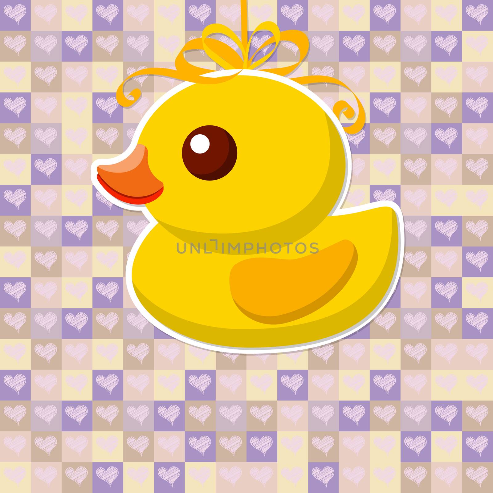 yellow Toy duck for a bath on a pretty background with hearts. illustration