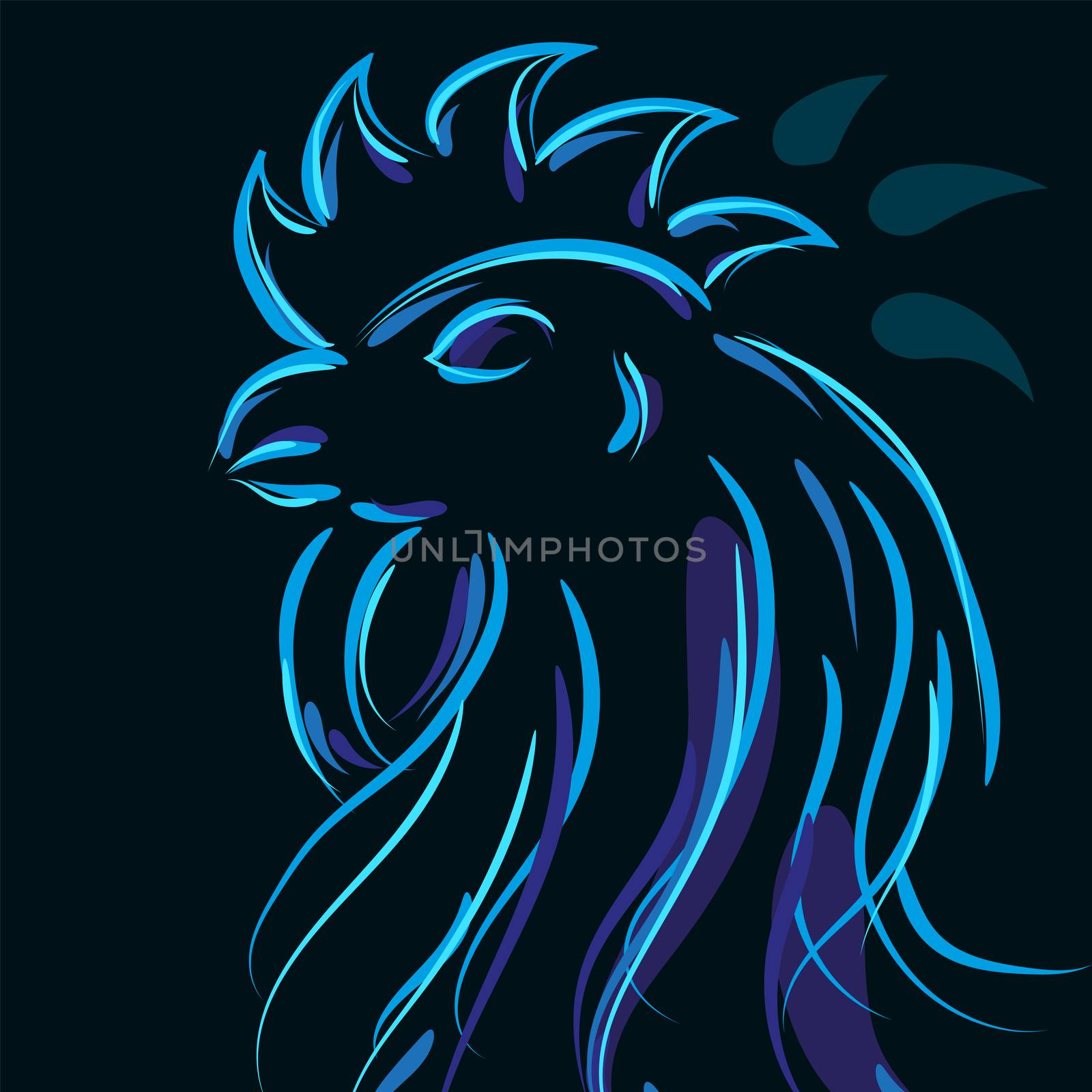 Beautiful cock on a black background with a blue glow effect of neon. illustration