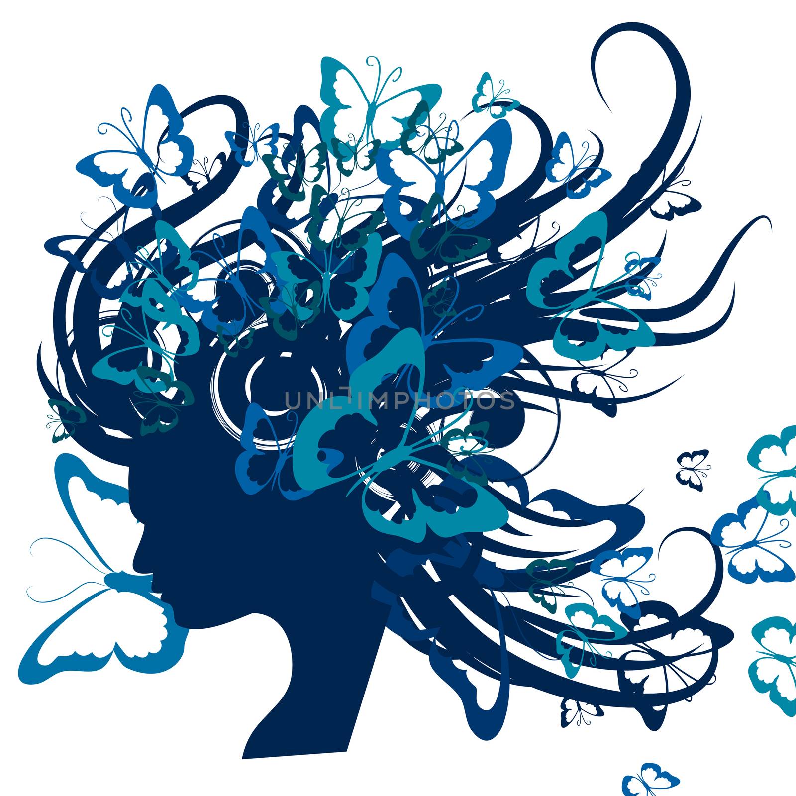 An abstract silhouette of a girl with her hair loose and developing in the wind. illustration