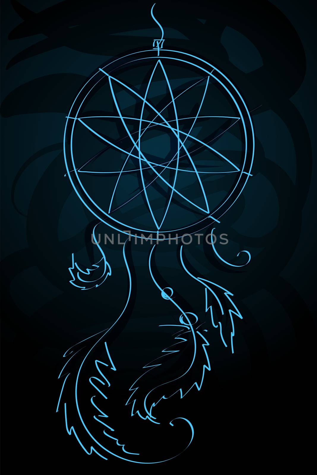 A strict beautiful dream catcher on a dark background. illustration