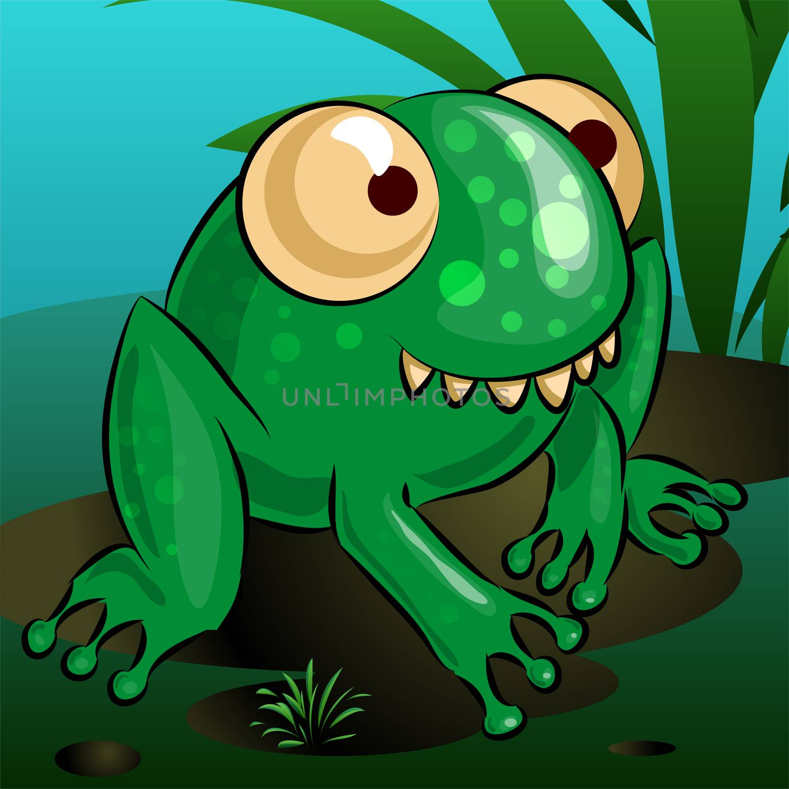 A merry cartoon frog is sitting on a swamp. by Adamchuk