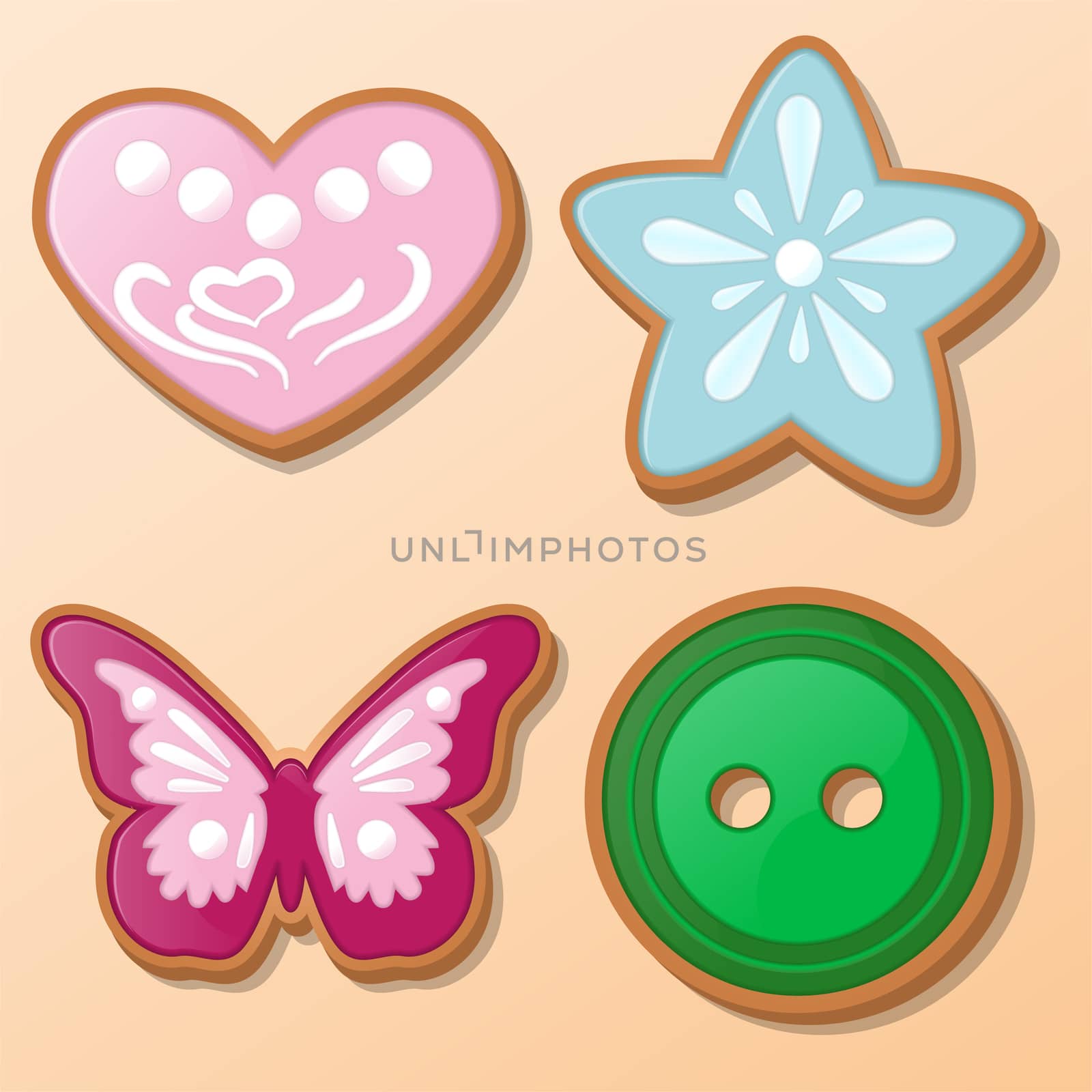 heart, star, butterfly, button in the form of a cookie on a bright background. by Adamchuk