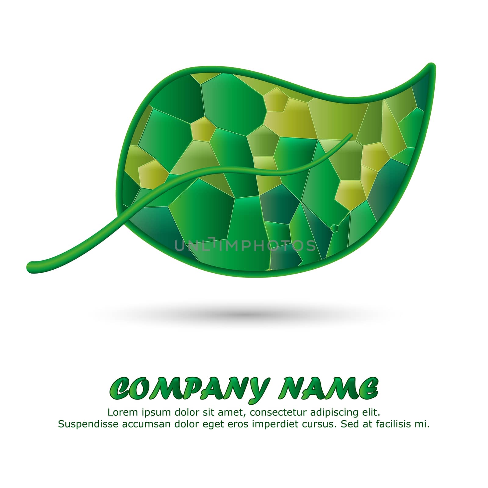 Green leaf on a white background with a place for a company name with a mosaic effect. illustration