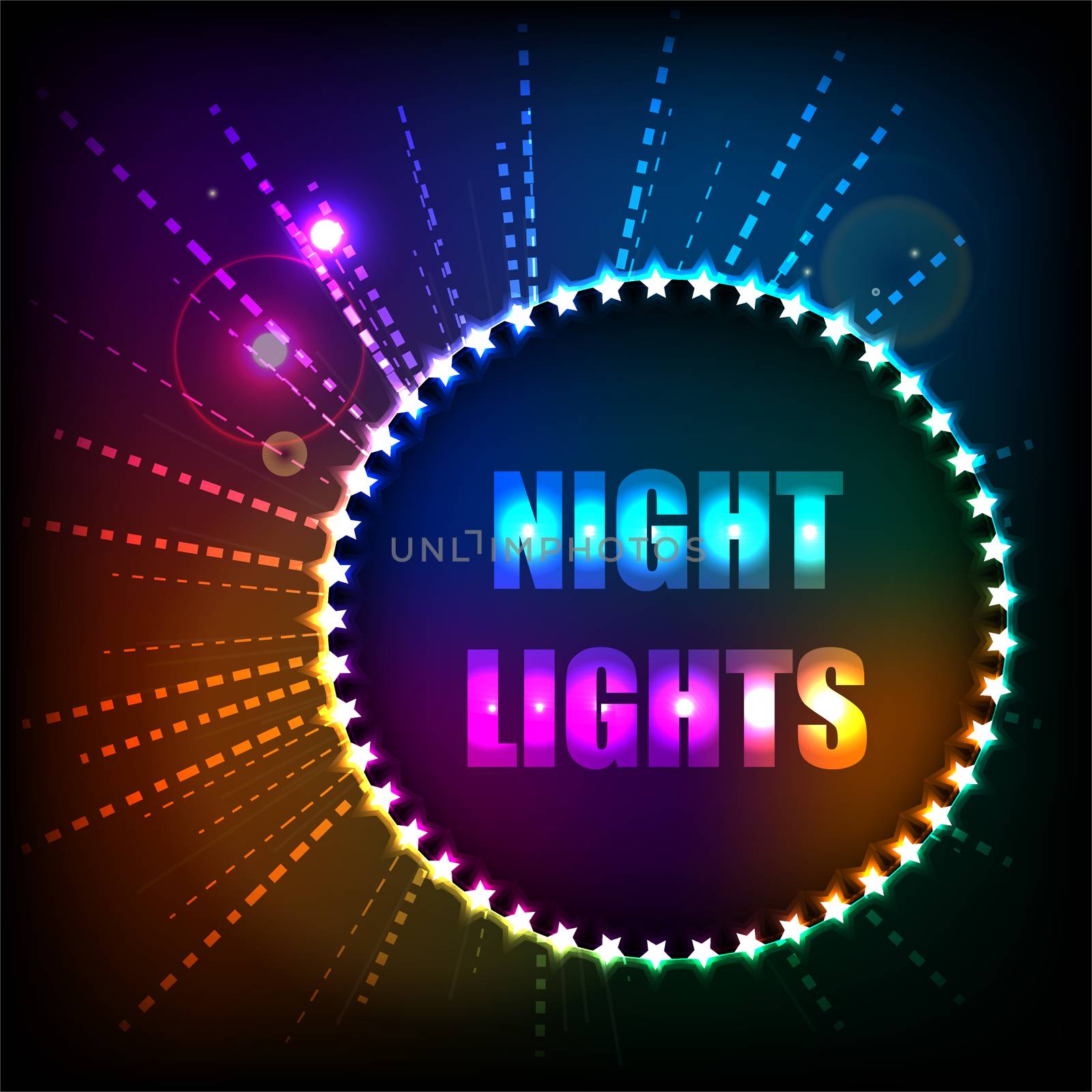 A bright background with neon lights in the distance and a place for text in the center. illustration