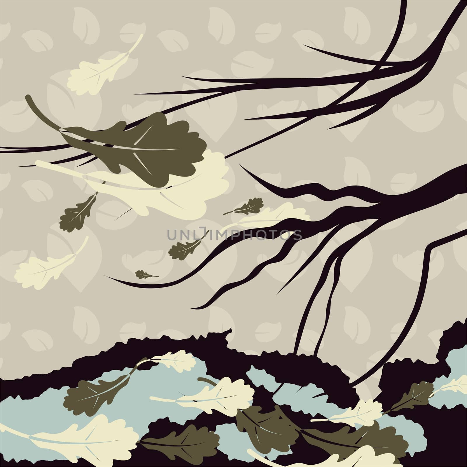 A gloomy background with a branch of a tree and fallen leaves in late autumn. illustration