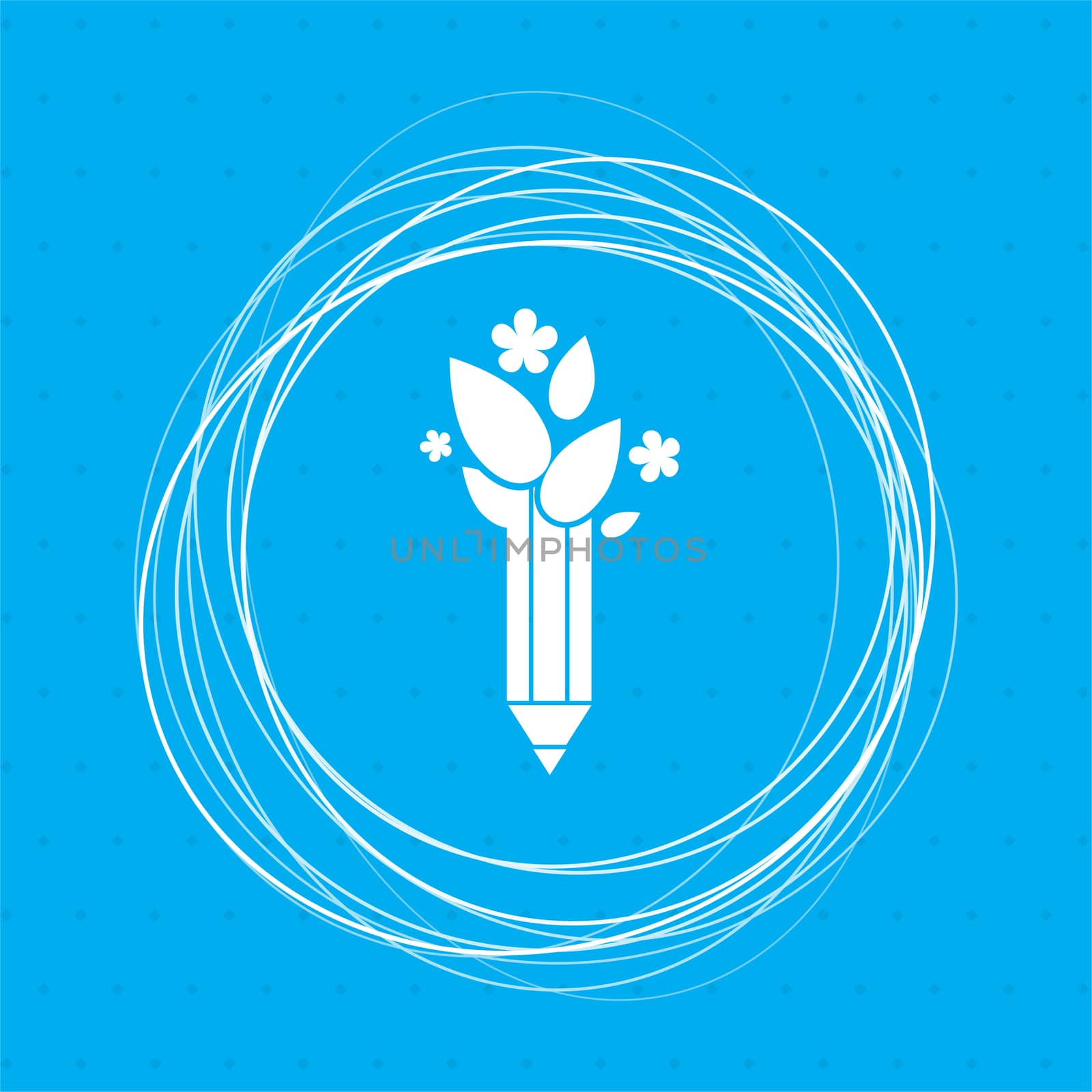 Ecology pencil, eco pen icon on a blue background with abstract circles around and place for your text. illustration