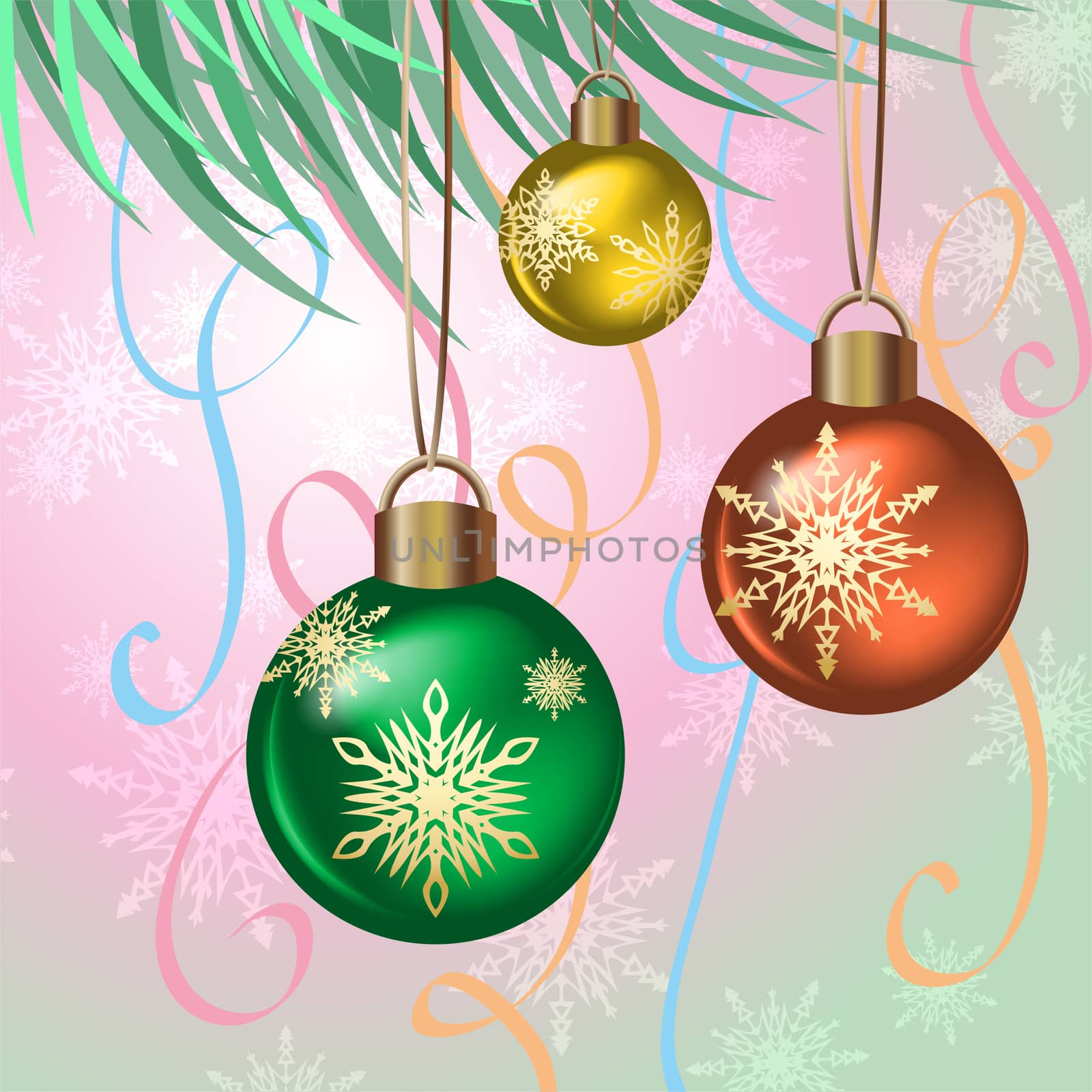 A branch of a Christmas tree with needles and toys on New Years Eve. illustration