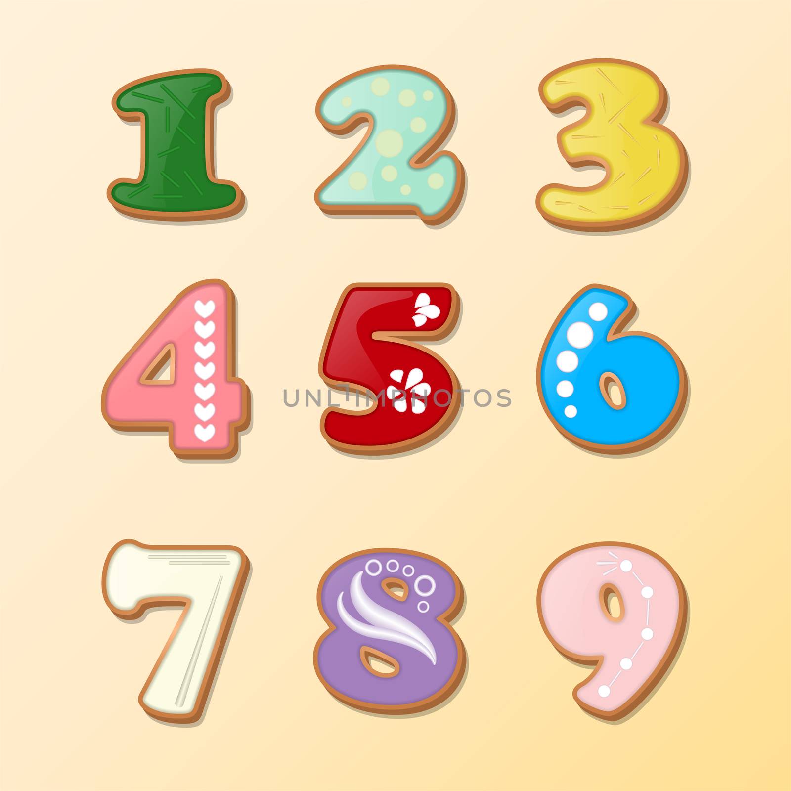 dial on a light background and numbers in the form of cookies. illustration
