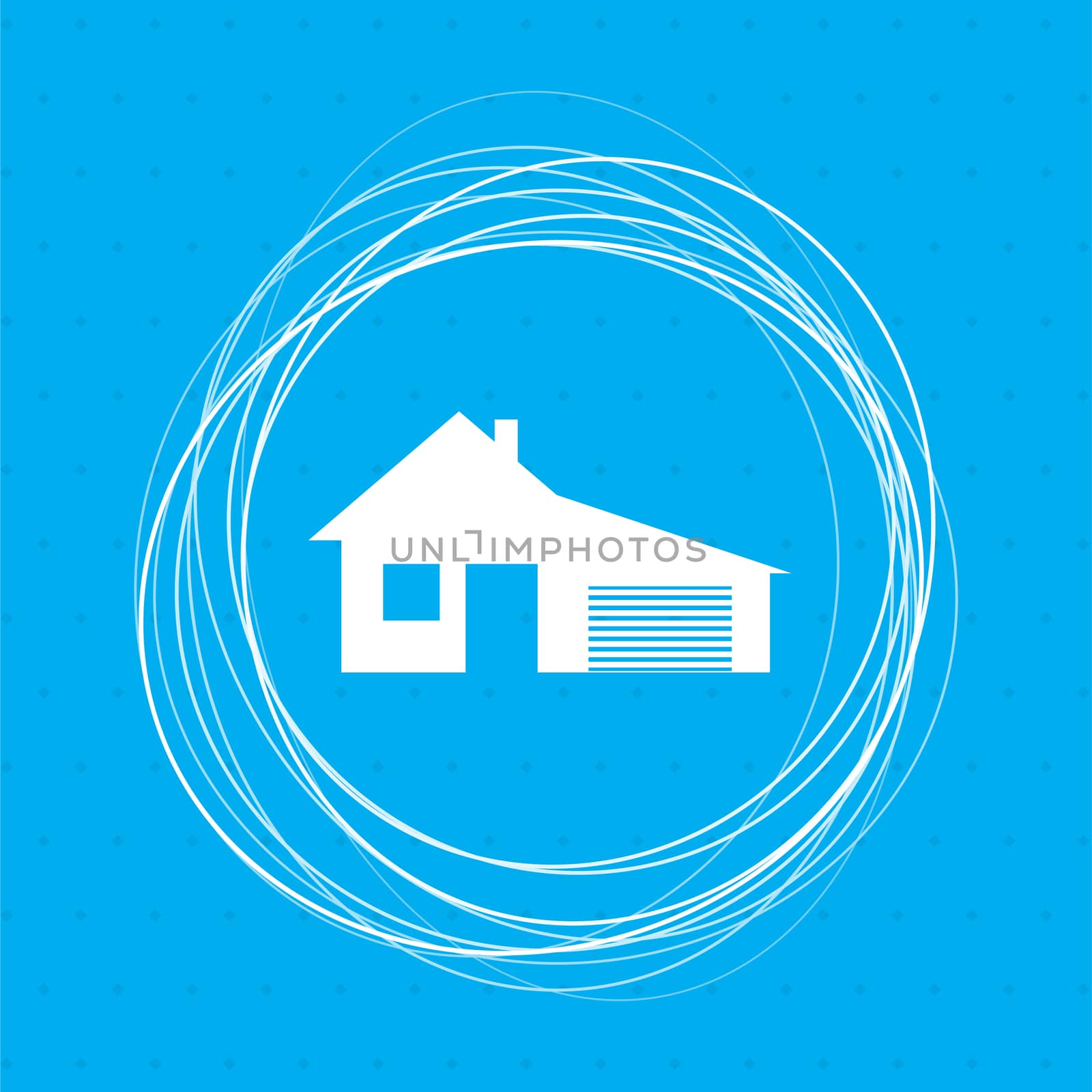 house with garage icon on a blue background with abstract circles around and place for your text. illustration