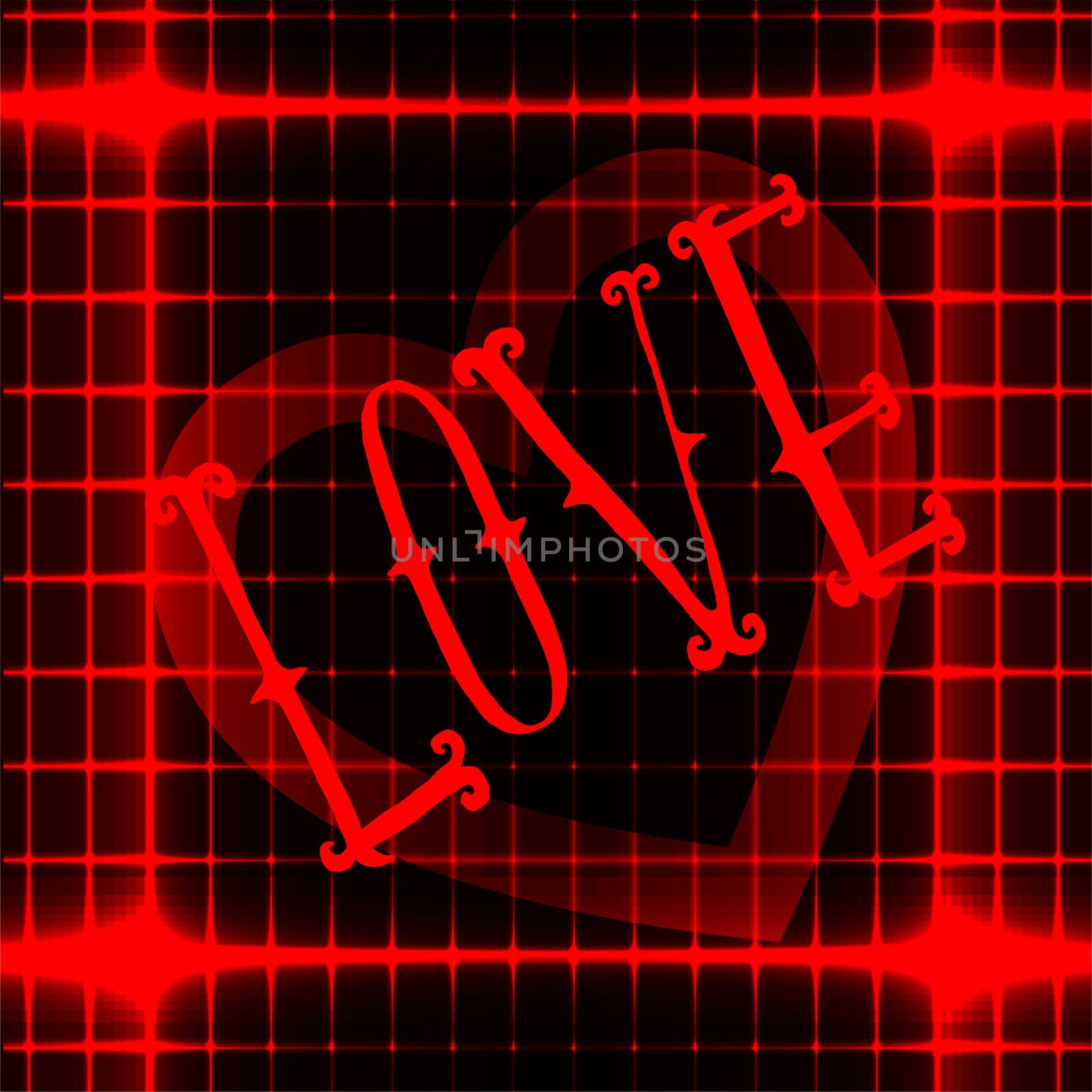 LOVE icon on red neon abstract background with heart at the center. illustration