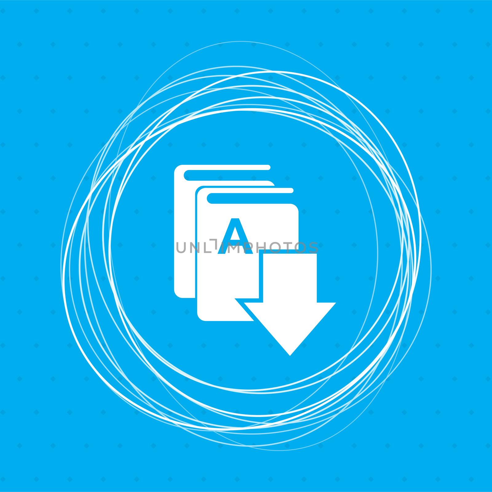 Book download, e-book icon on a blue background with abstract circles around and place for your text. illustration
