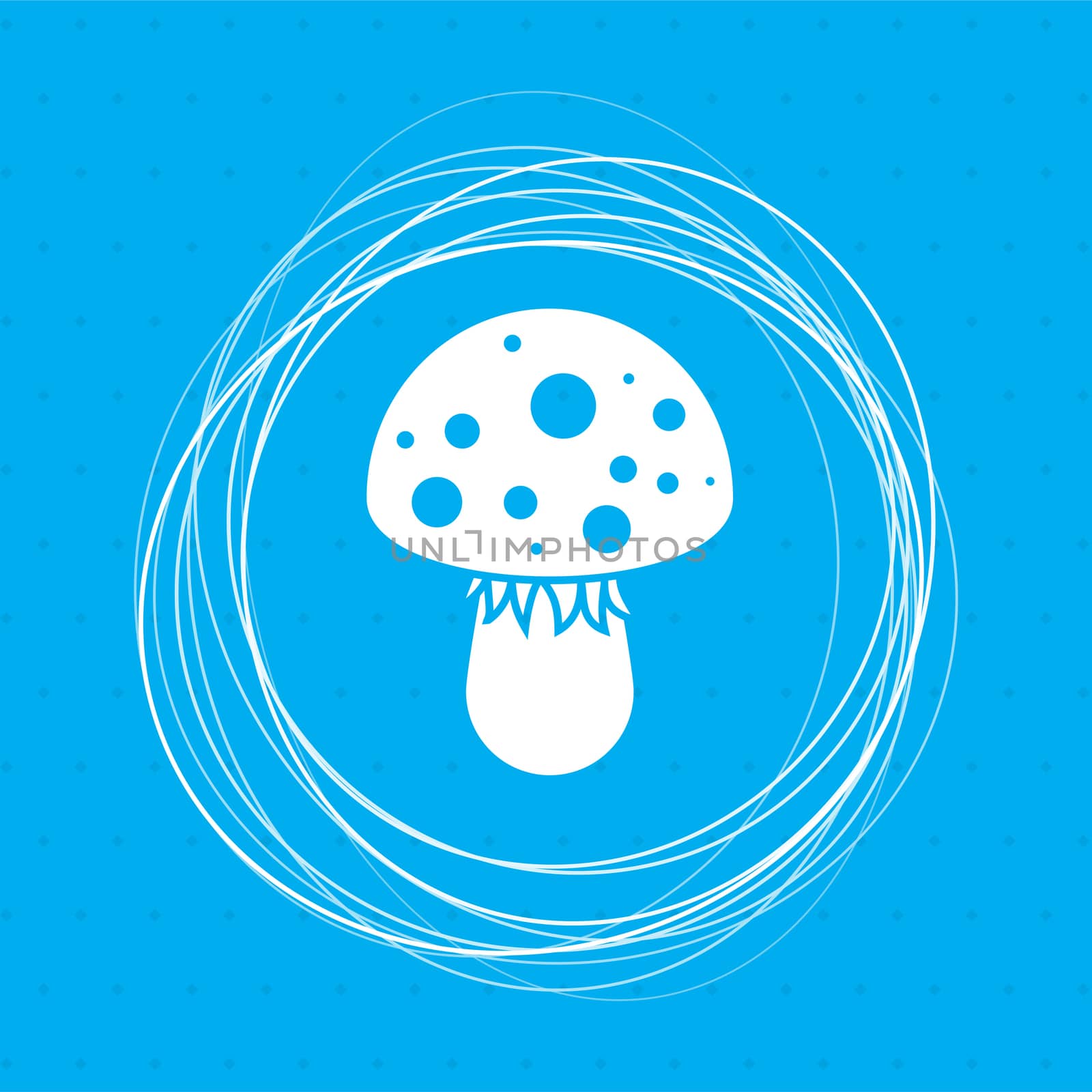 fly agaric mushroom icon on a blue background with abstract circles around and place for your text. illustration