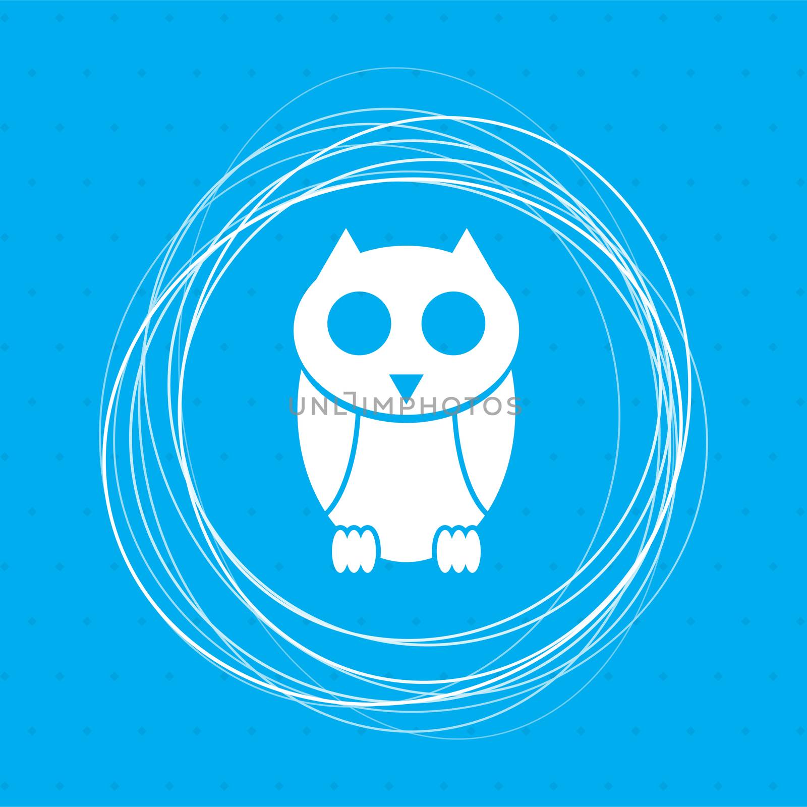 Cute owl cartoon character icon on a blue background with abstract circles around and place for your text. illustration