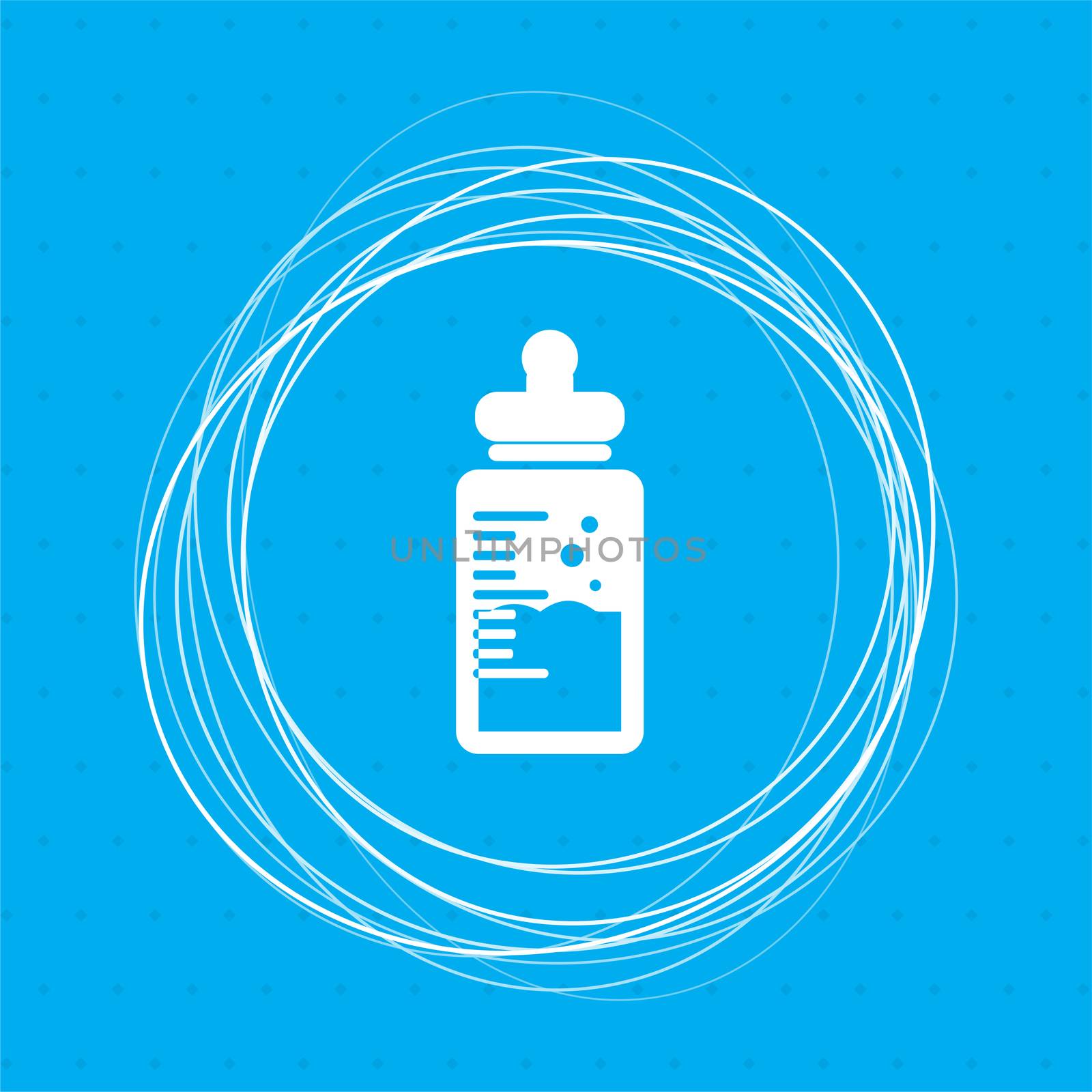 Baby milk bottle icon on a blue background with abstract circles around and place for your text. illustration