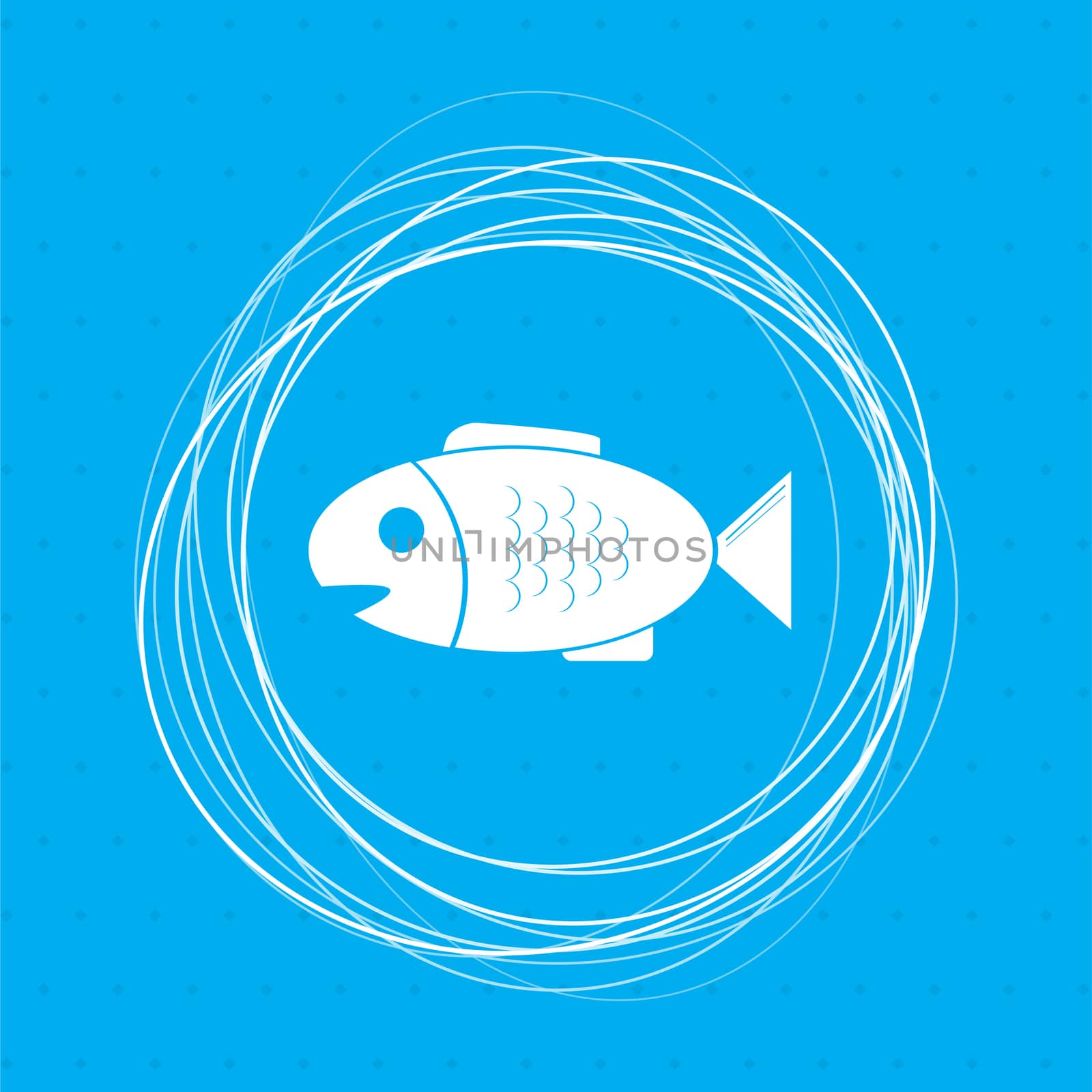 Fish icon on a blue background with abstract circles around and place for your text.  by Adamchuk