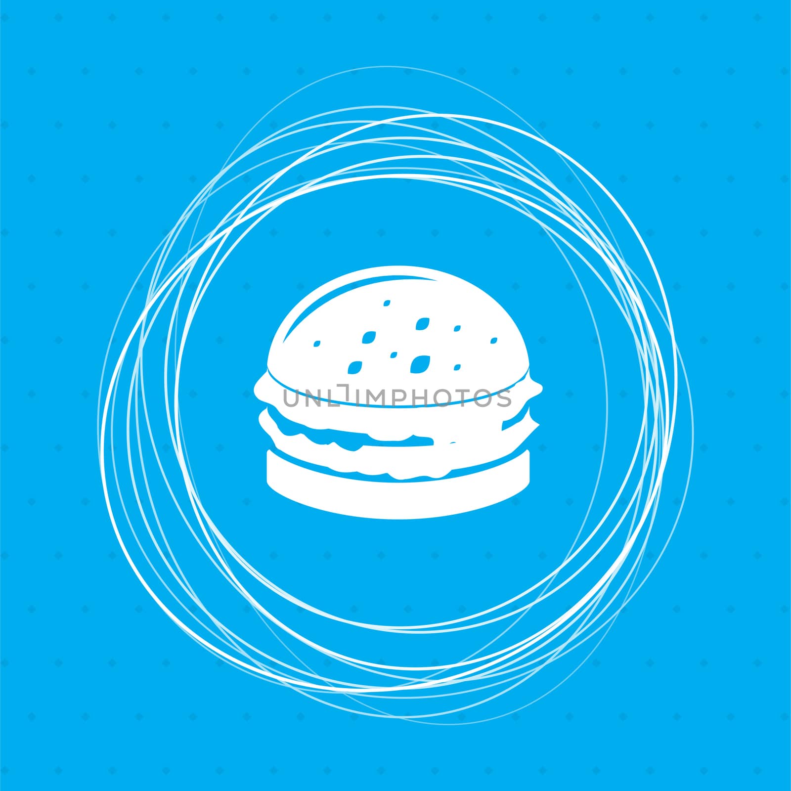 Burger, sandwich, hamburger icon on a blue background with abstract circles around and place for your text.  by Adamchuk