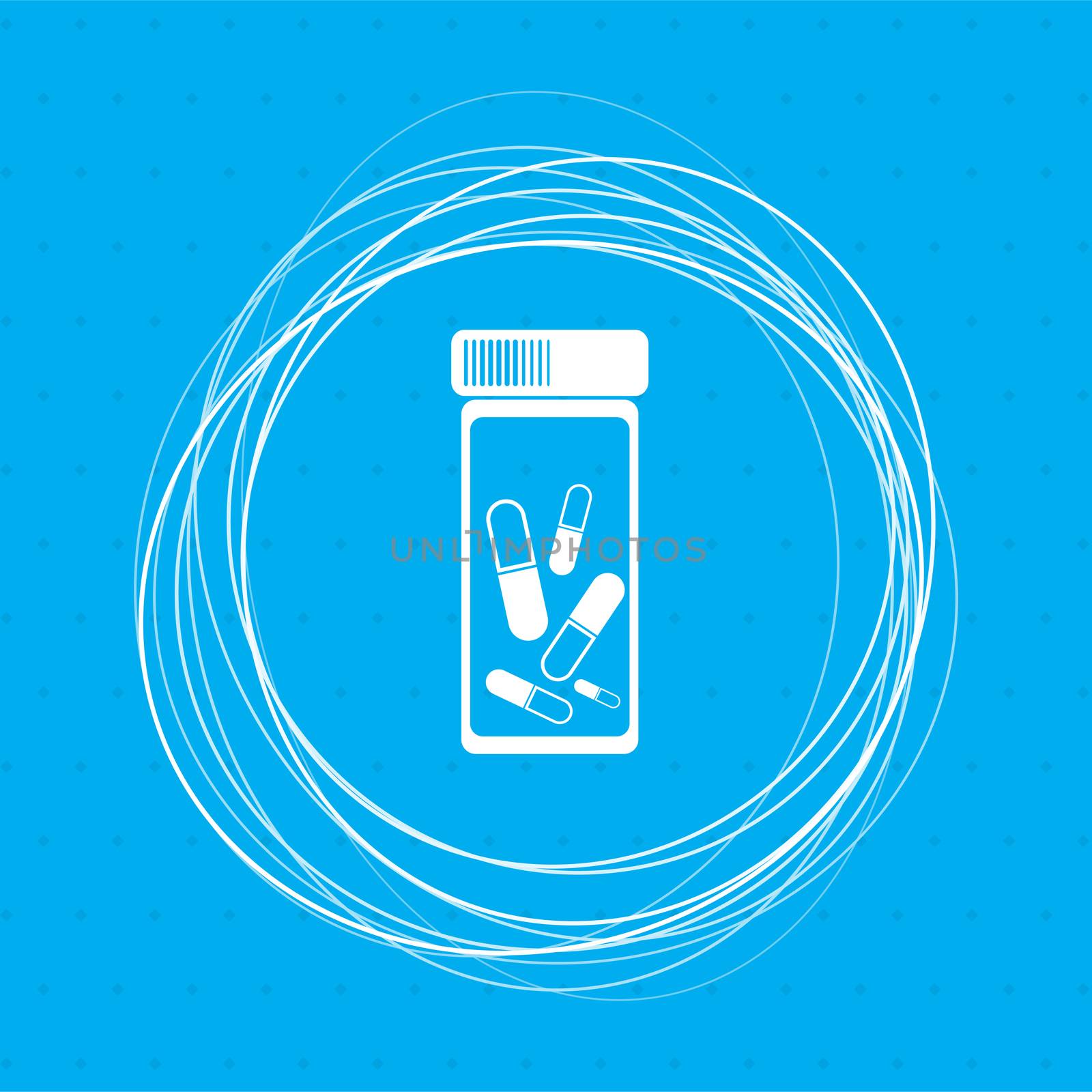 Pills, medication icon on a blue background with abstract circles around and place for your text. illustration