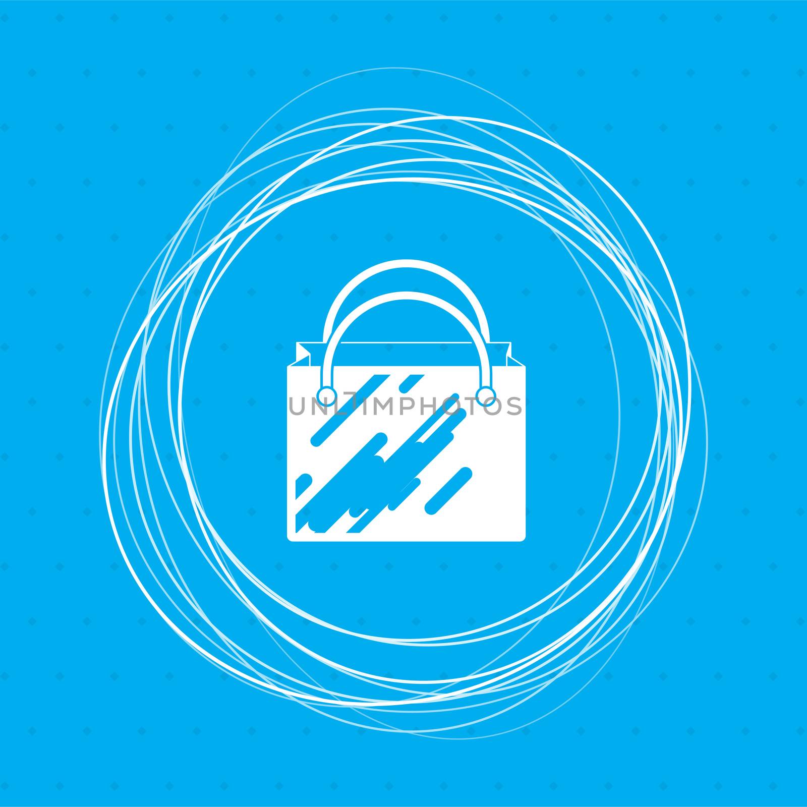 Shopping bag icon on a blue background with abstract circles around and place for your text. illustration