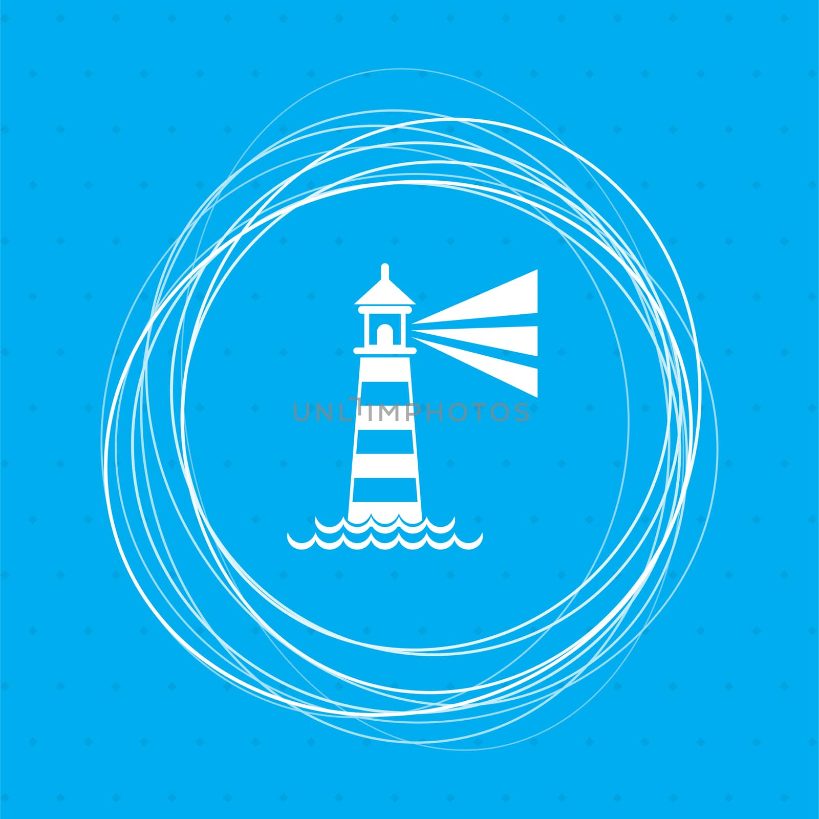 Lighthouse icon on a blue background with abstract circles around and place for your text.  by Adamchuk